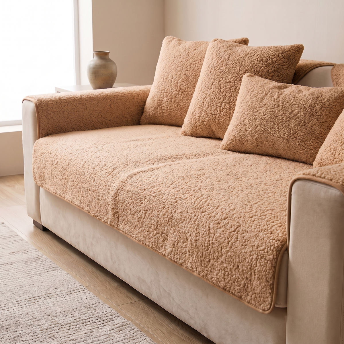 Light brown sherpa sofa cover