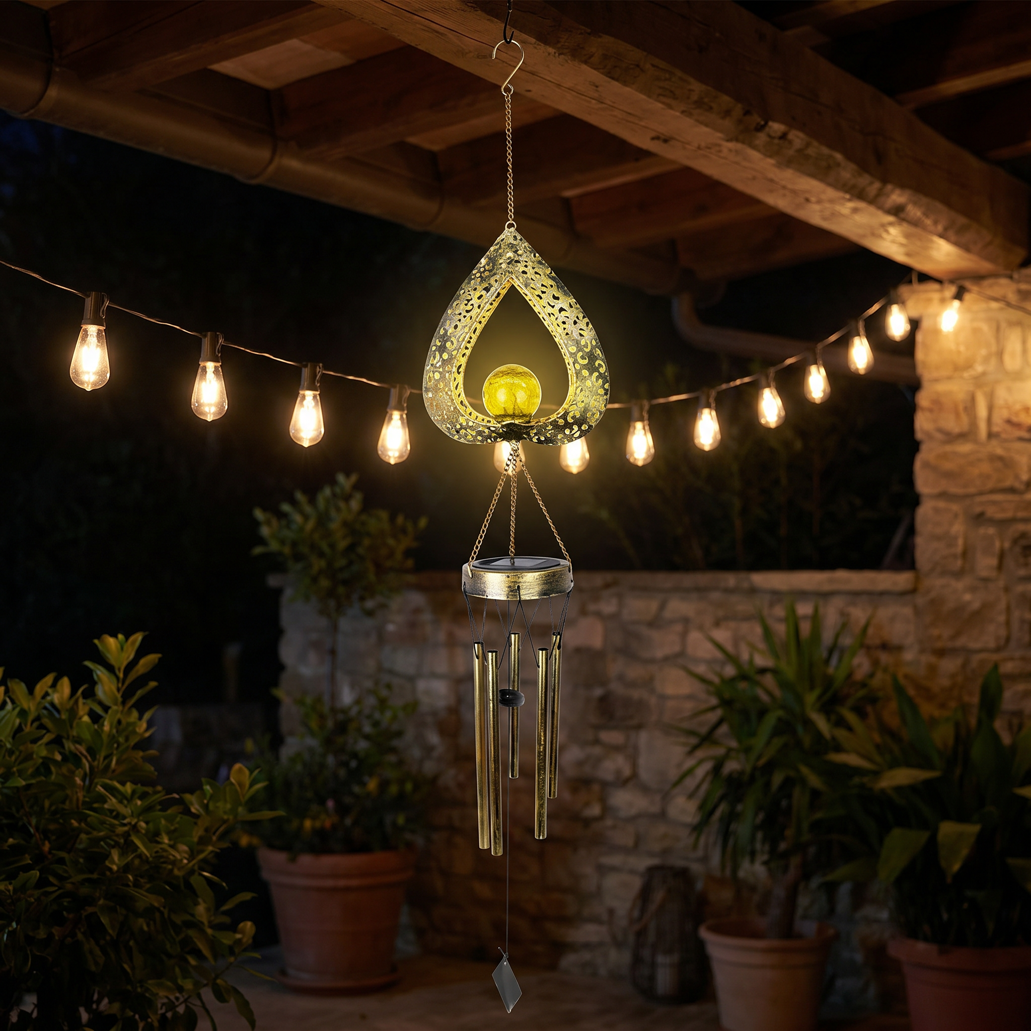 Solar Hanging Garden Light, Iron Heart and Wind Chime, IP65, Warm White