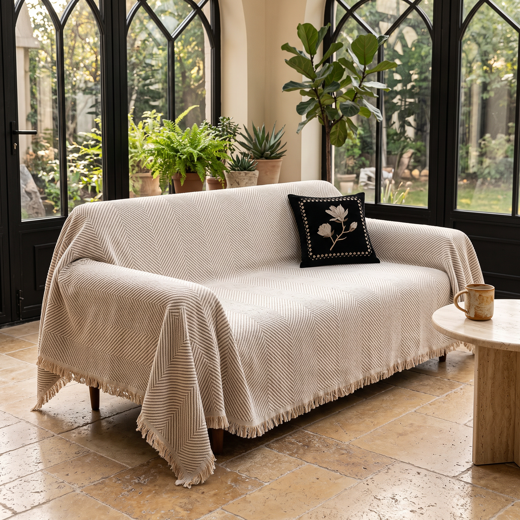 Stripe Herringbone Sofa Cover, Water-Resistant Microfiber