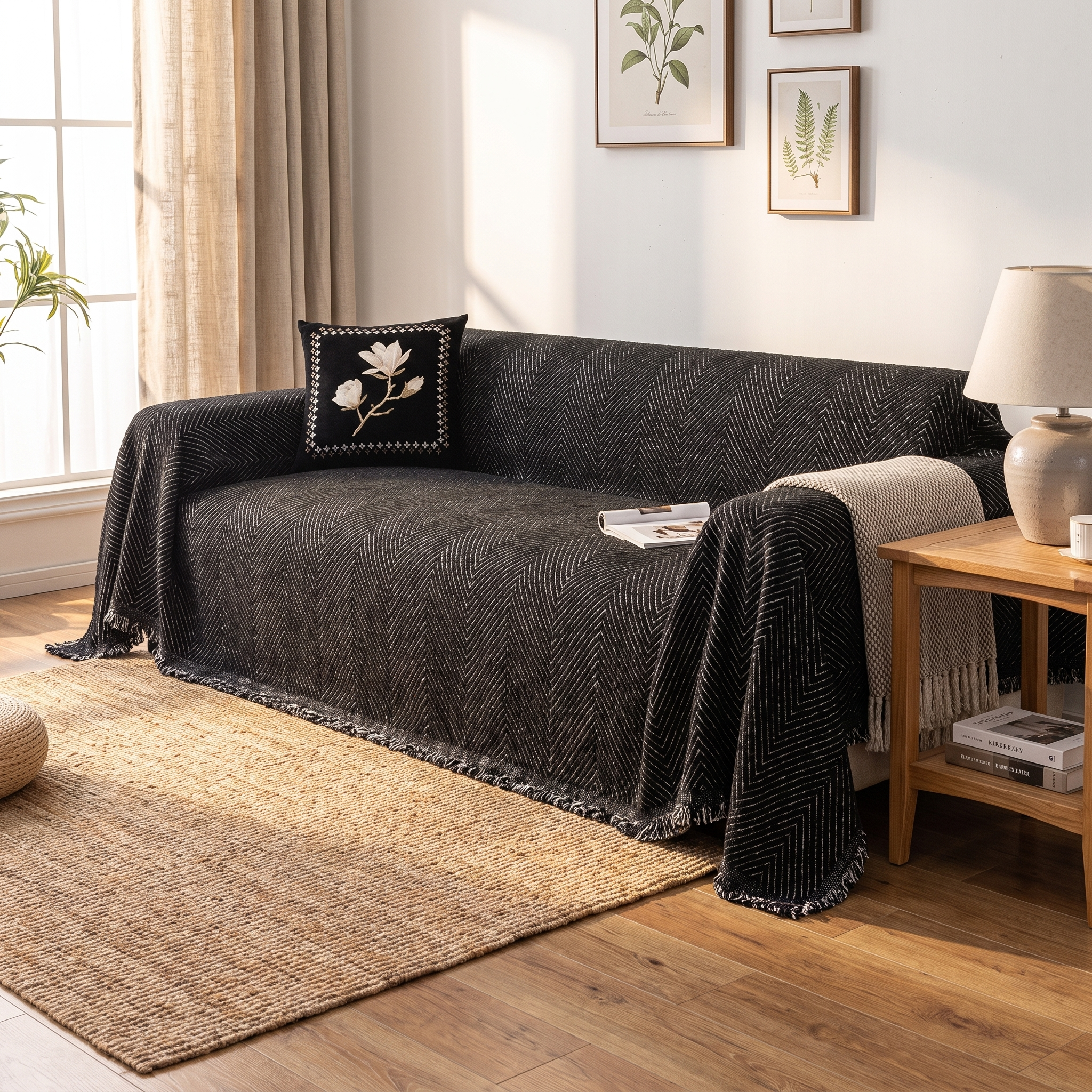 Stripe Herringbone Sofa Cover, Water-Resistant Microfiber