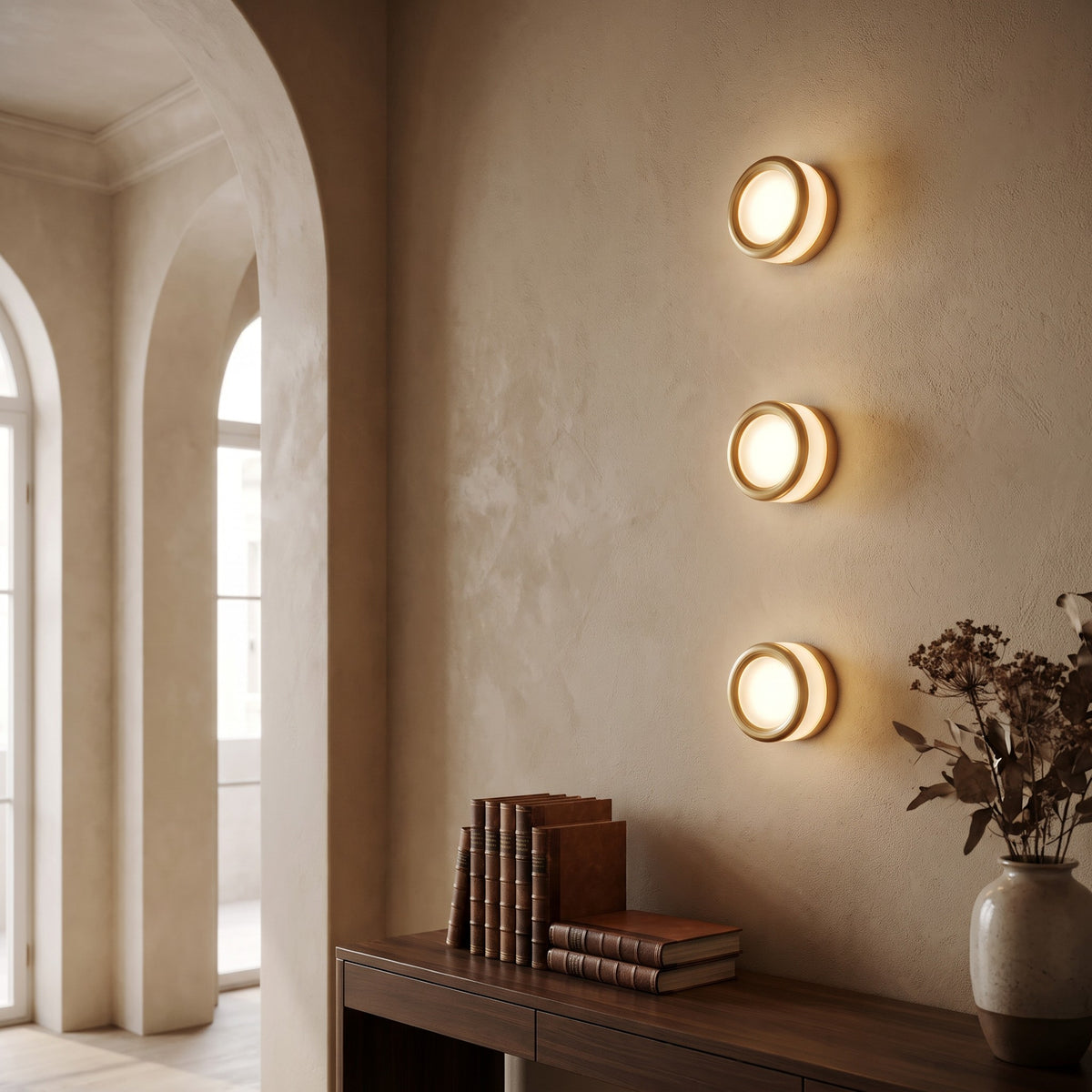 Three Siv LED wall sconces in a column on a hallway wall