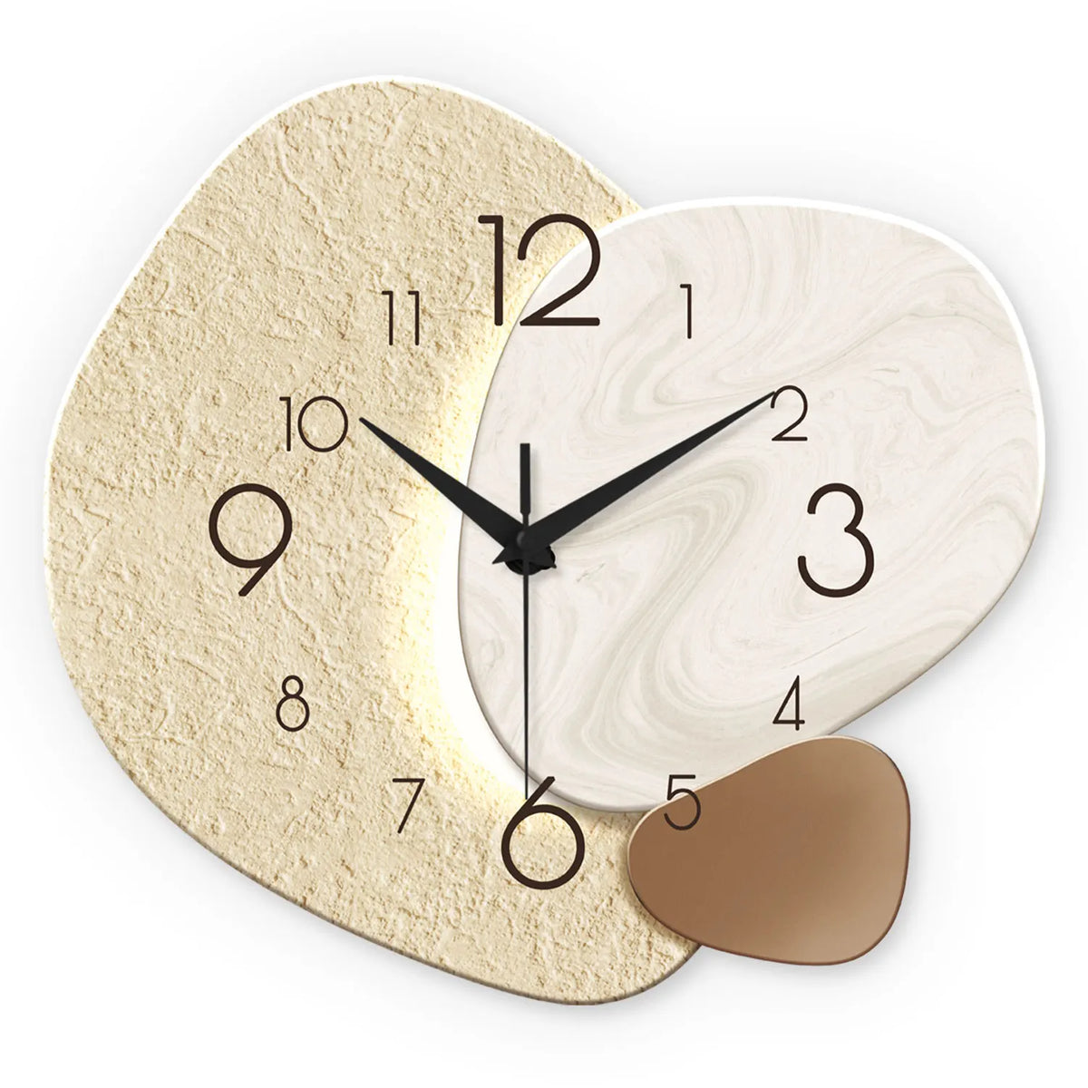 Skien pebble wall clock on white, with a warm glow behind the cream and white pebble shapes