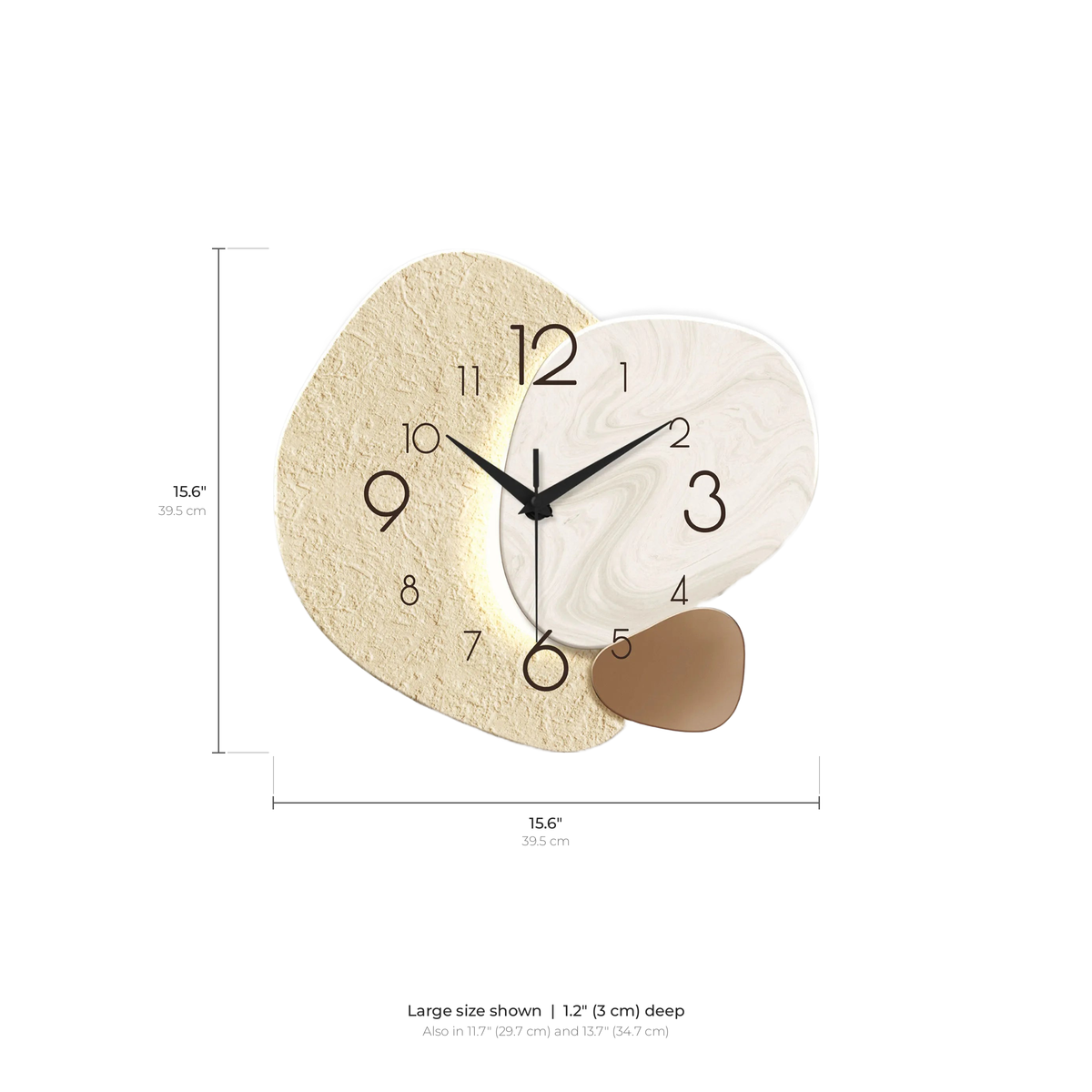 Skien wall clock dimensions: 15.6 inch large size, also 11.7 and 13.7 inch