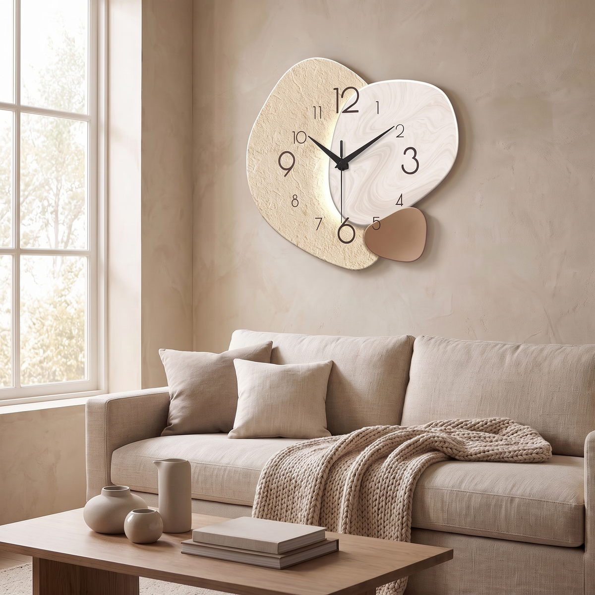 Skien wall clock on a living room wall above a linen sofa