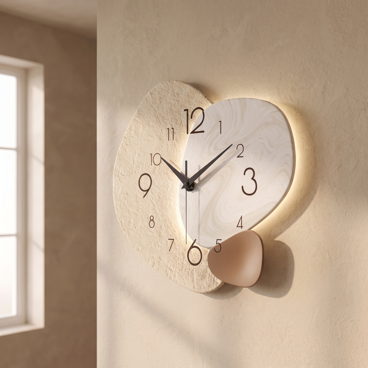 Close angled view of the Skien clock overlapping pebble shapes