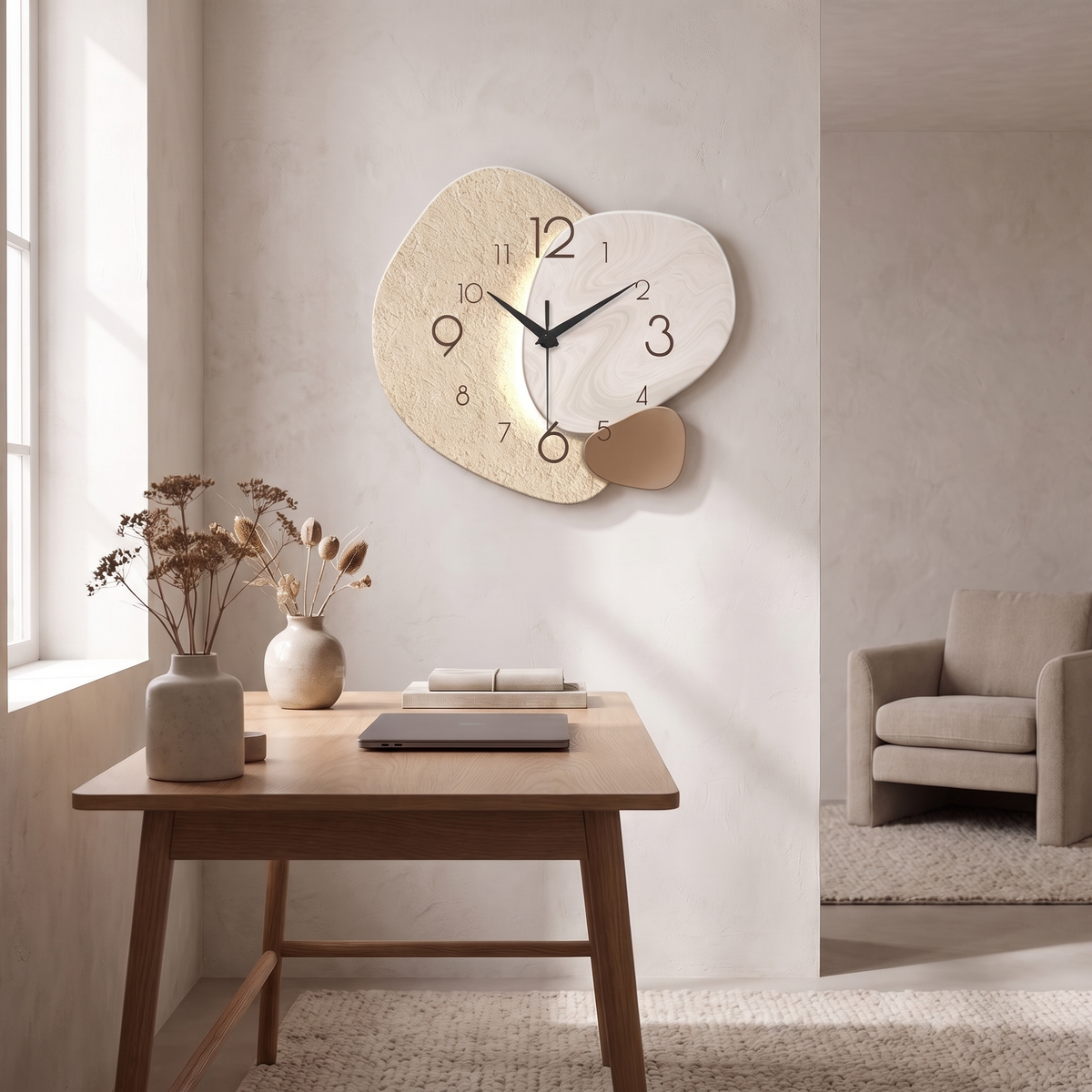 Skien wall clock on a home office wall above a desk