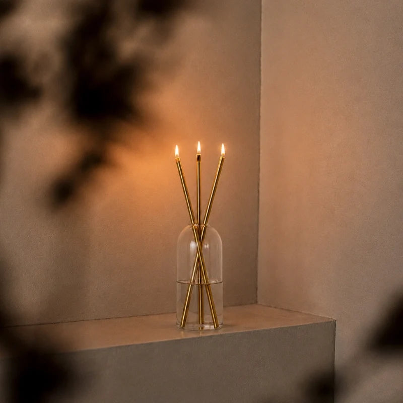 Skive gold oil candles lit on a wall ledge