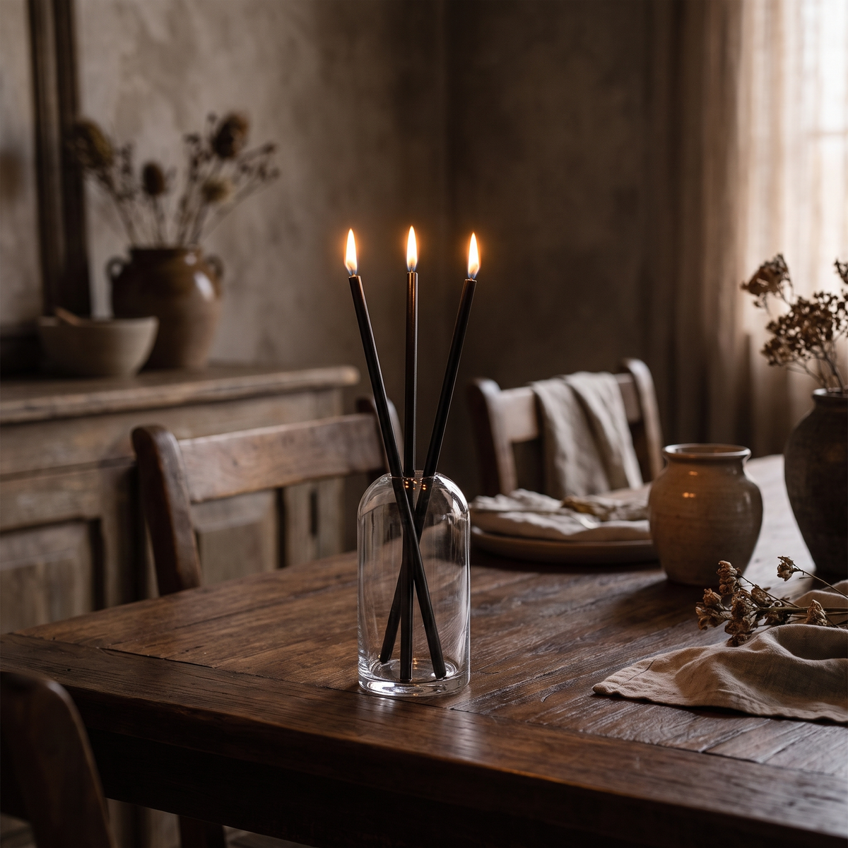 Three Skive oil candles lit on a dining table