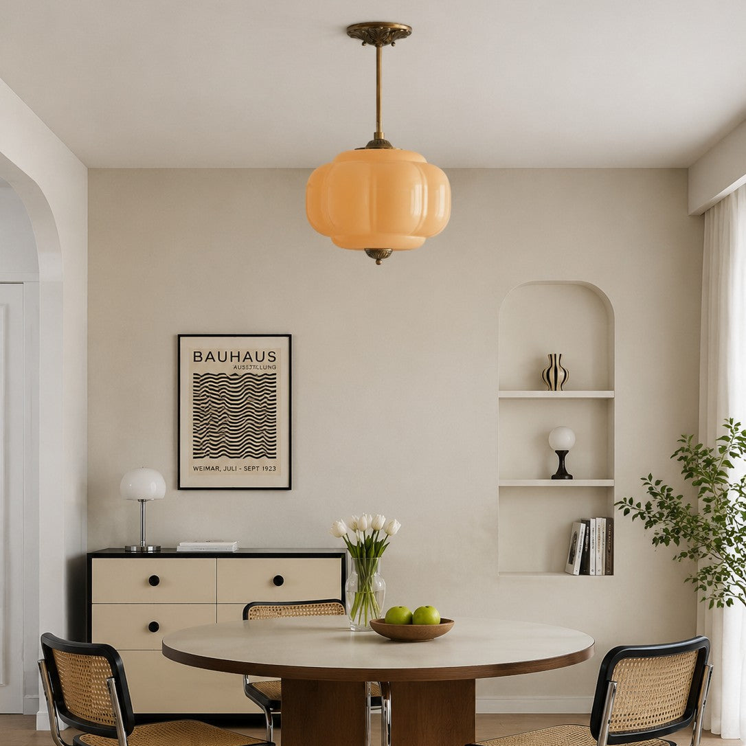 Scallop Milk Glass Pumpkin Pendant, Semi-Flush