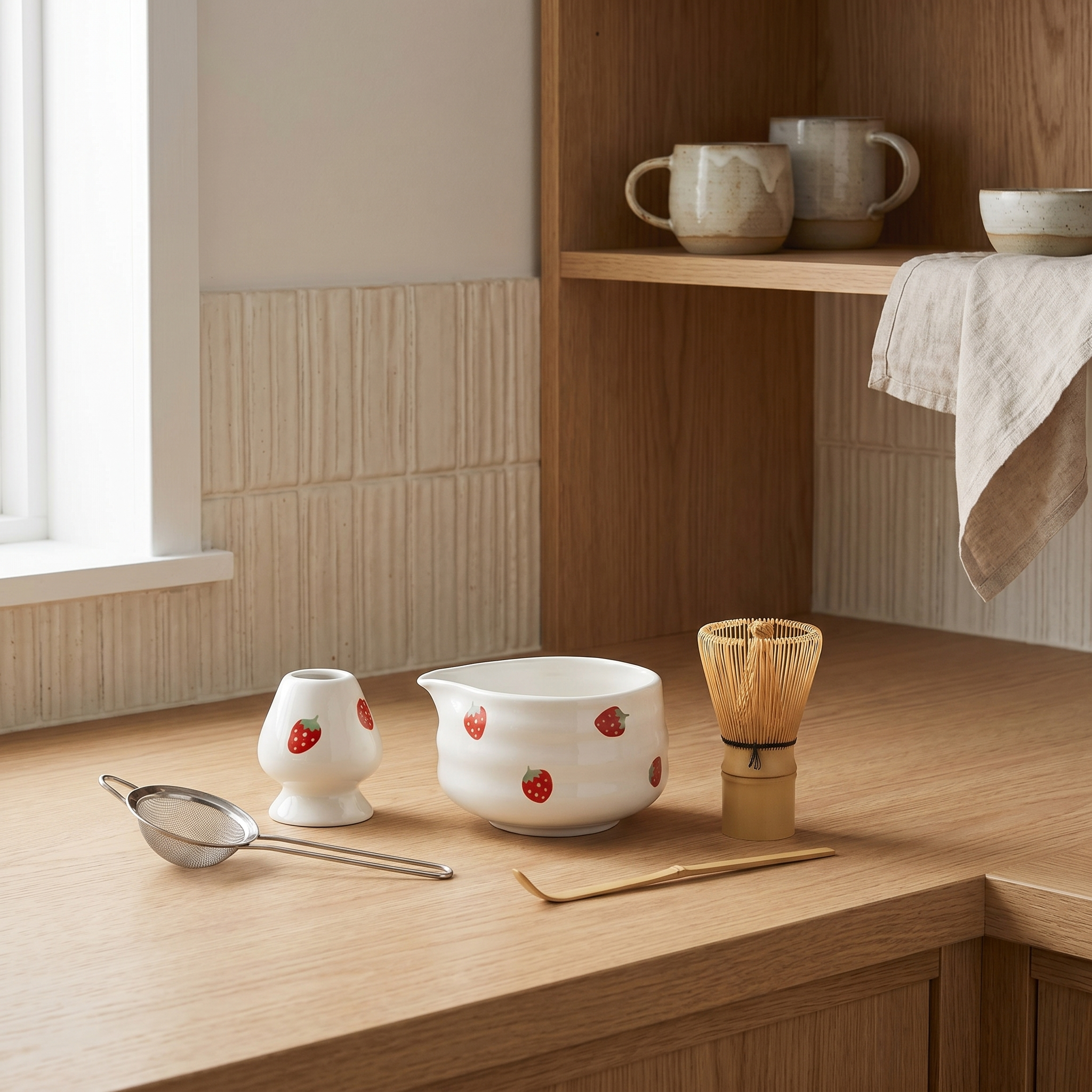 Strawberry Matcha Set, Ceramic and Bamboo, Japanese Style, 5 Piece