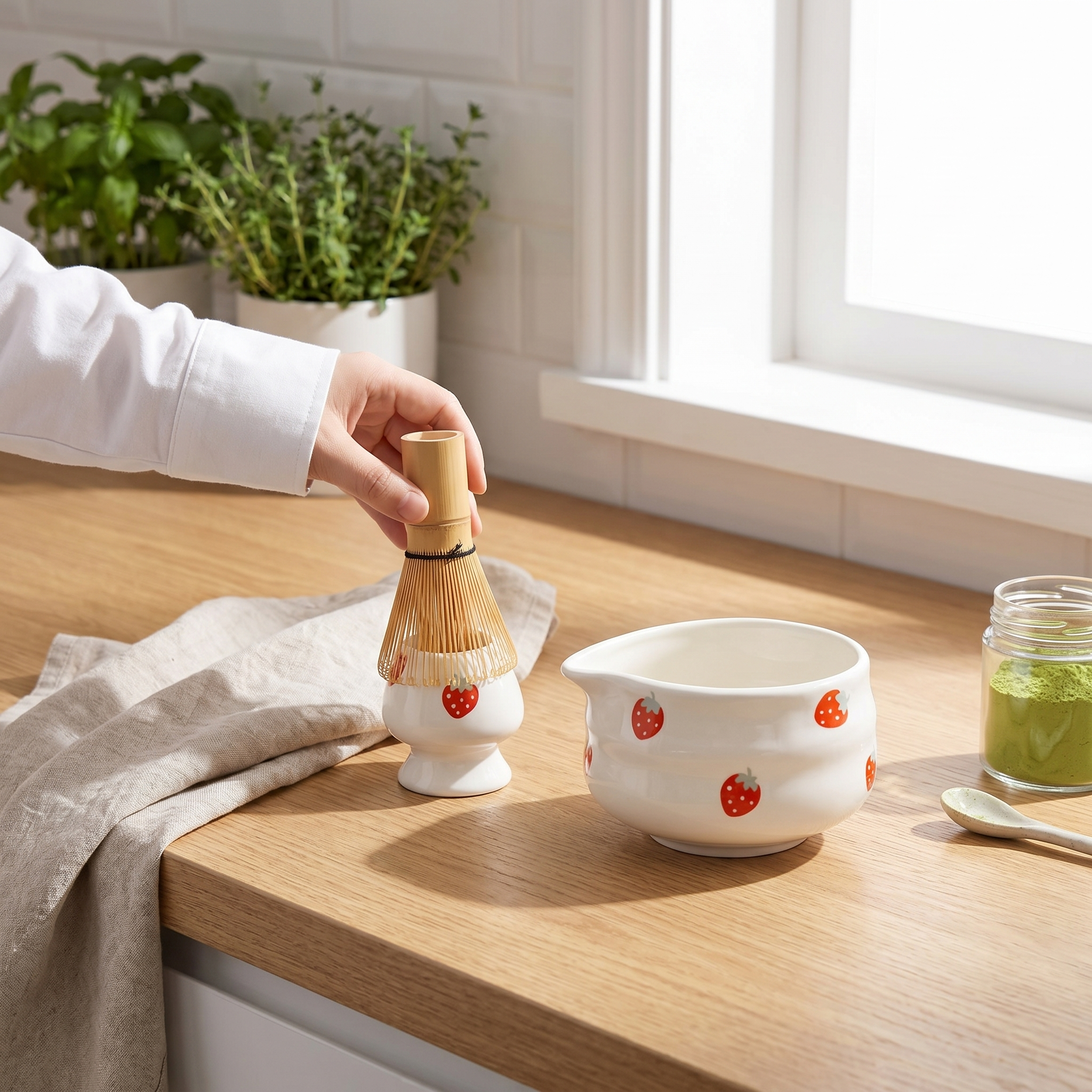 Strawberry Matcha Set, Ceramic and Bamboo, Japanese Style, 5 Piece