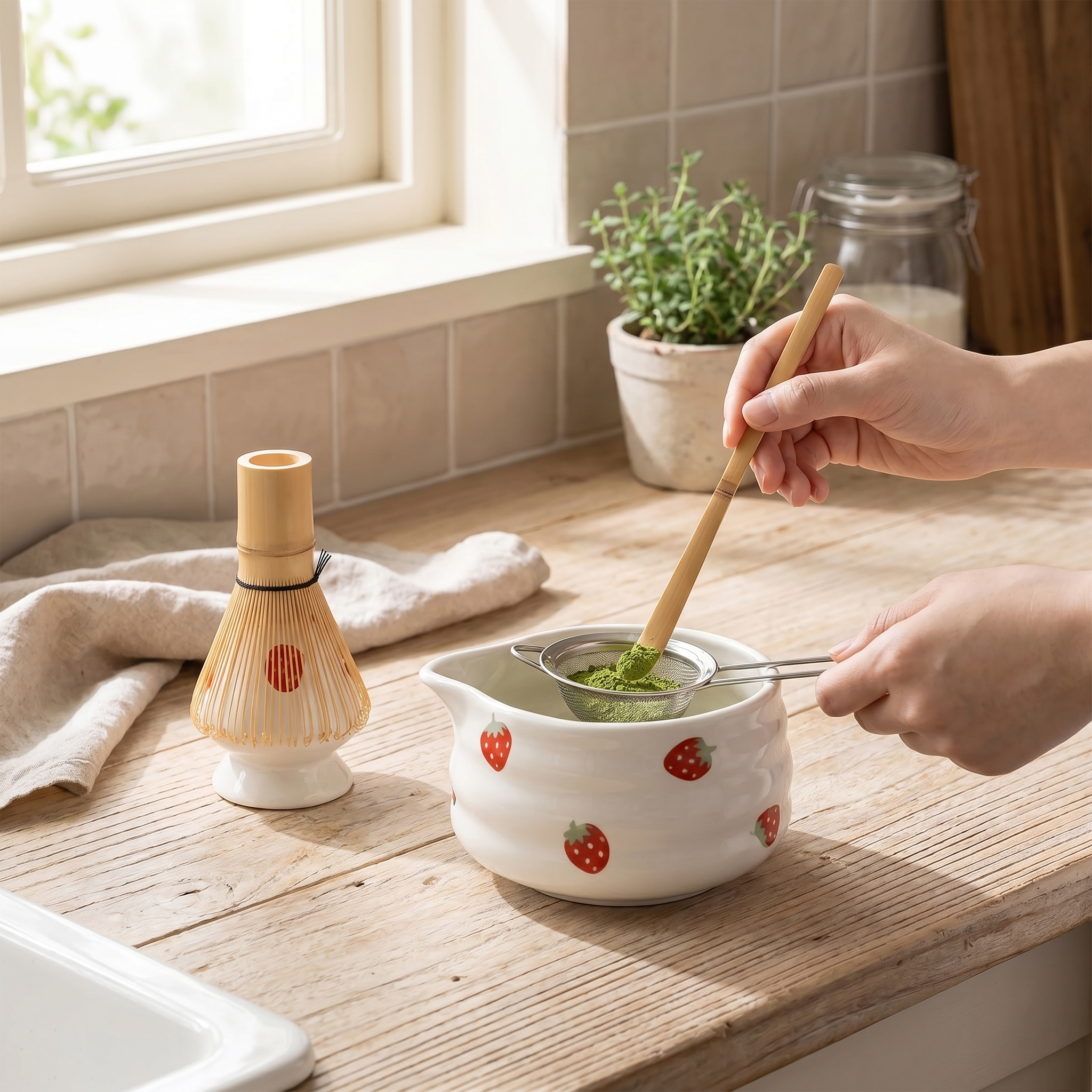 Strawberry Matcha Set, Ceramic and Bamboo, Japanese Style, 5 Piece