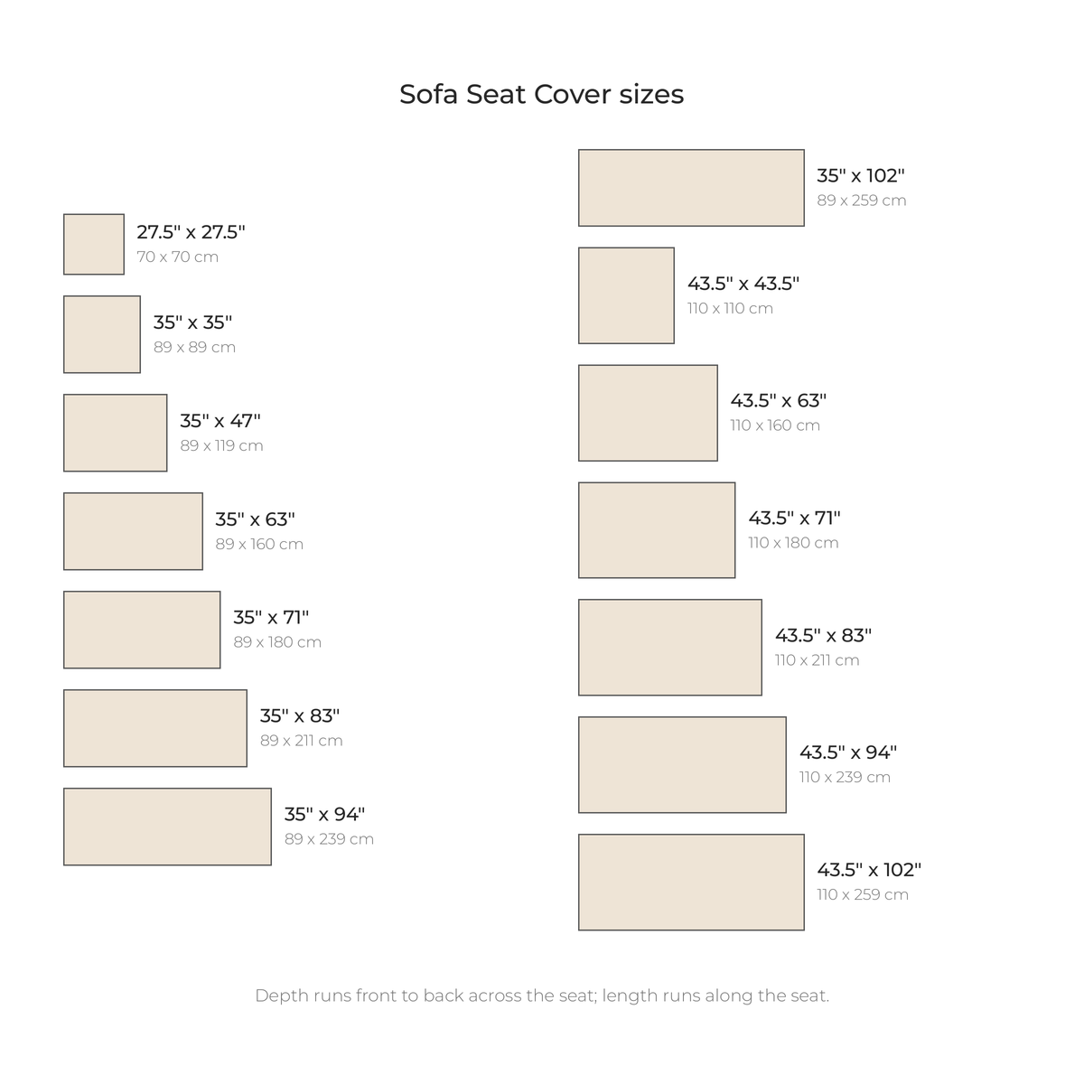 Sofa Seat Cover sizes drawn to scale with inches and centimeters