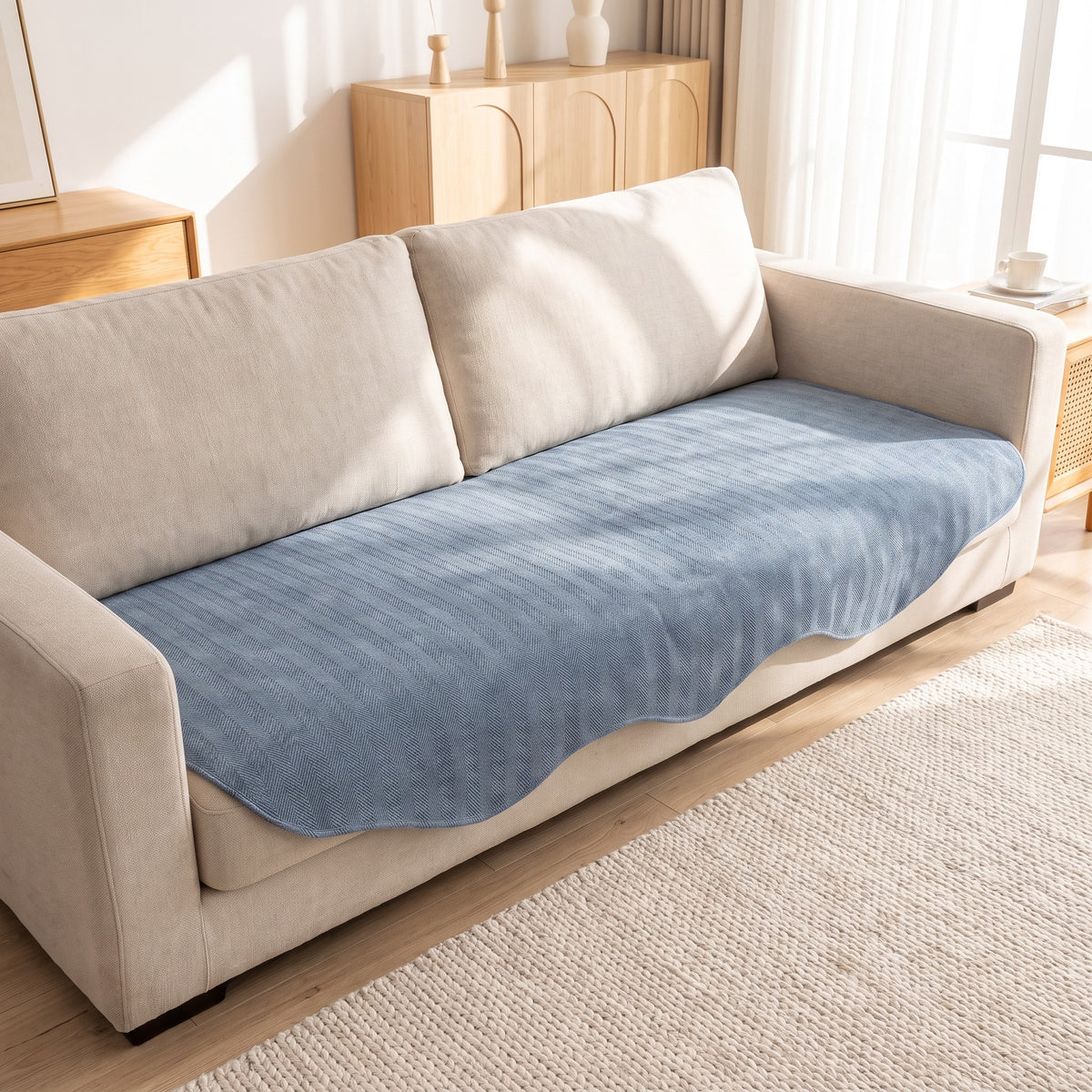 Sofa Seat Cover in Blue on a sofa, covers the seat only