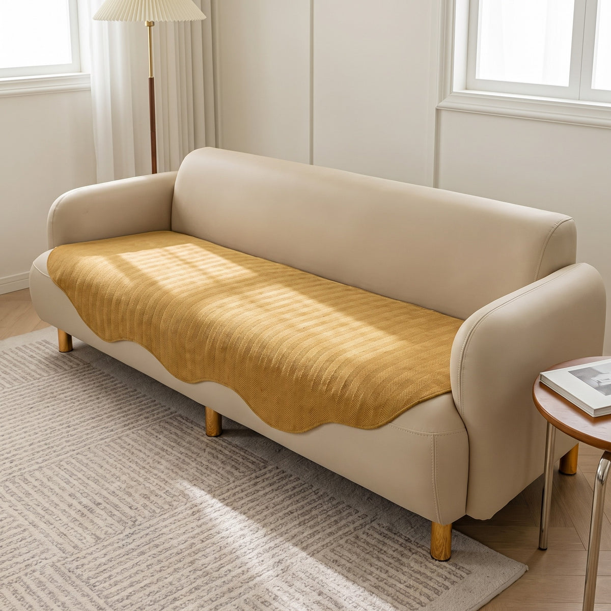 Sofa Seat Cover in Honey on a sofa, sized to your seat