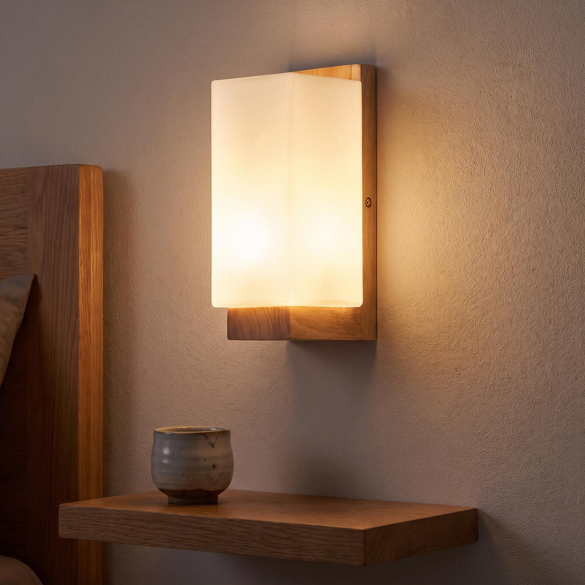 Sofie wall sconce lit on a bedroom wall above a small shelf at night