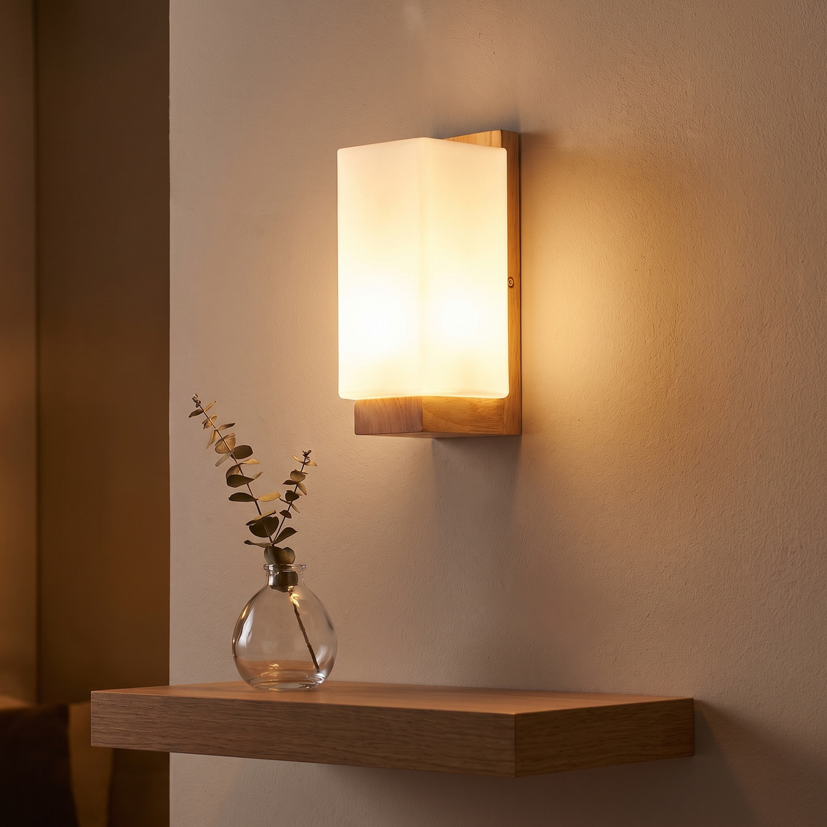 Sofie wall sconce on a living room wall above a shelf with a bud vase