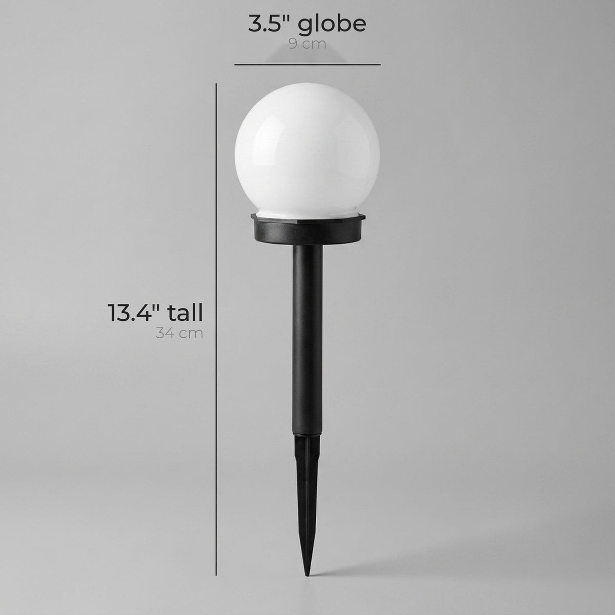 Solar globe stake light dimensions: 13.4 inches tall with a 3.5 inch globe