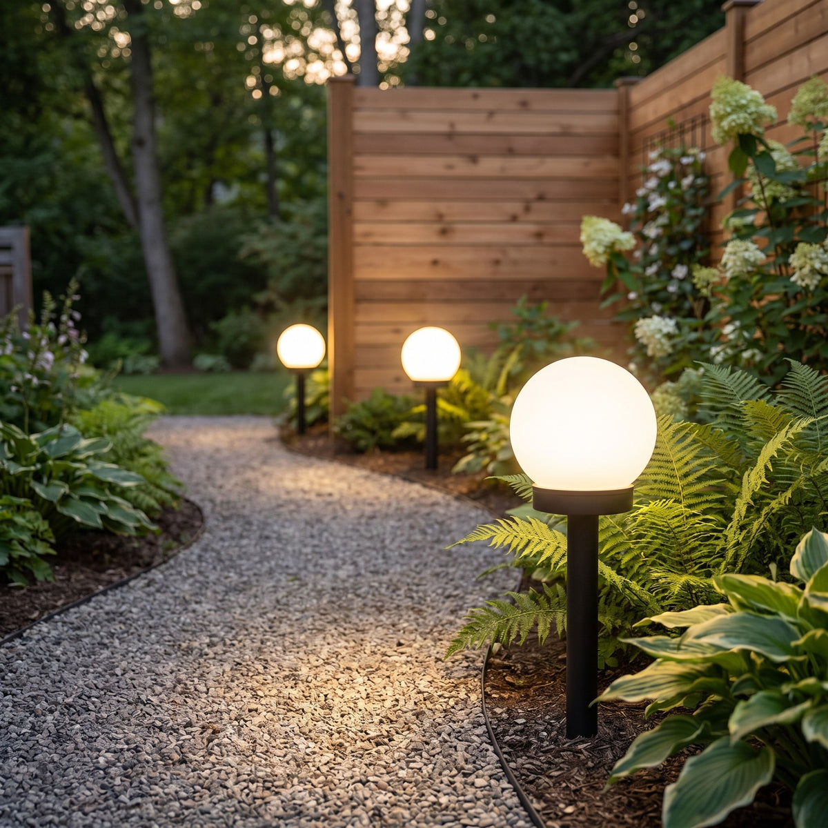 Solar globe stake lights with warm light beside a gravel path and ferns