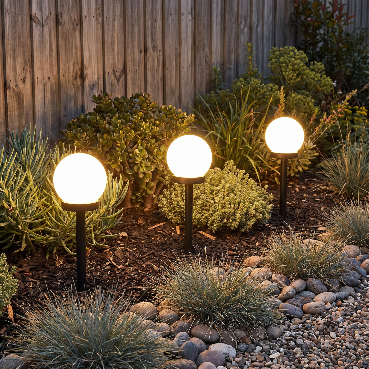 Three solar globe stake lights with warm light in a planted bed by a fence