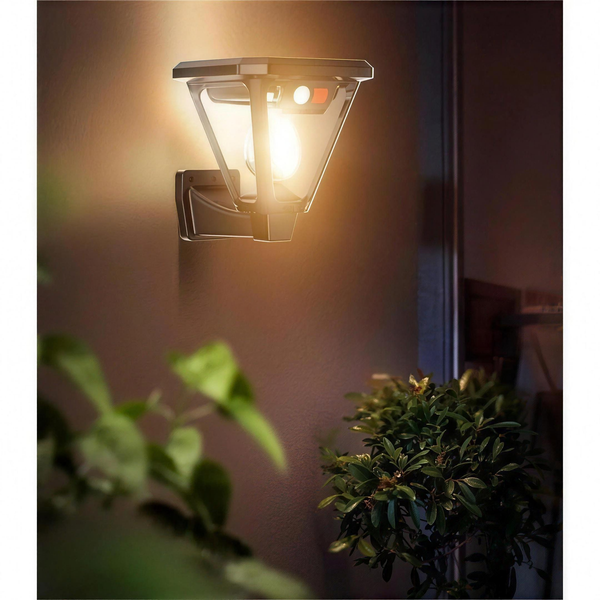 Solar post light head mounted on a wall with its bracket