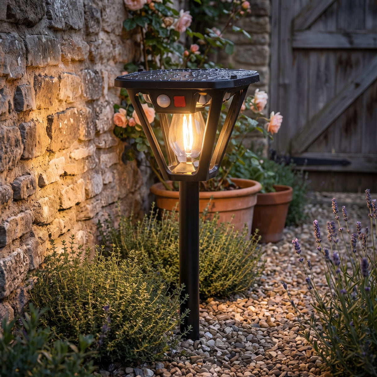 Solar post light glowing in a gravel bed beside a stone wall