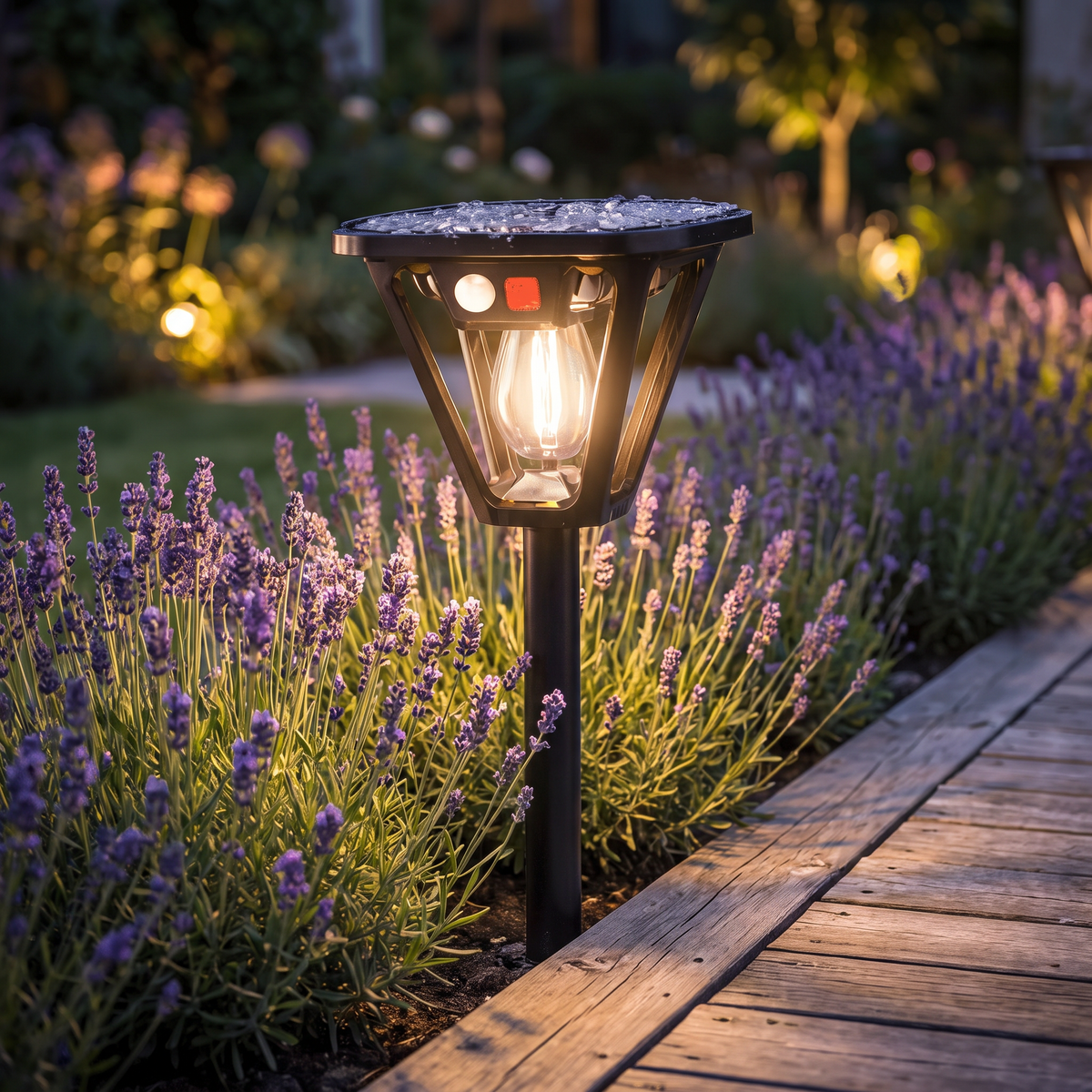 Solar post light in a lavender bed beside a deck