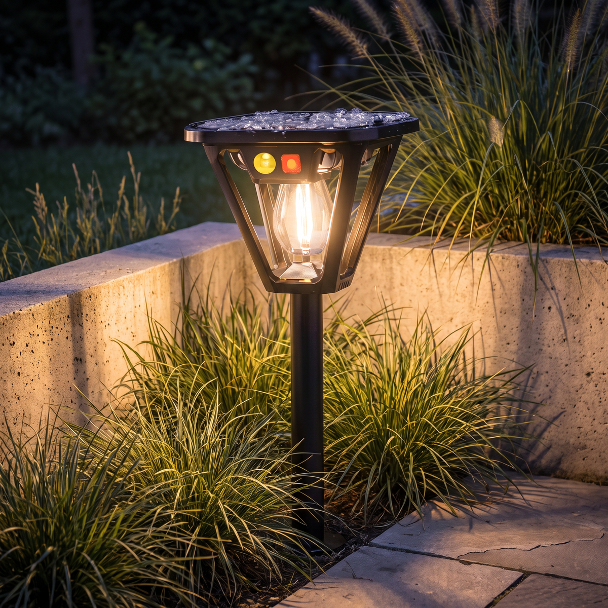 Solar post light among grasses beside a terrace