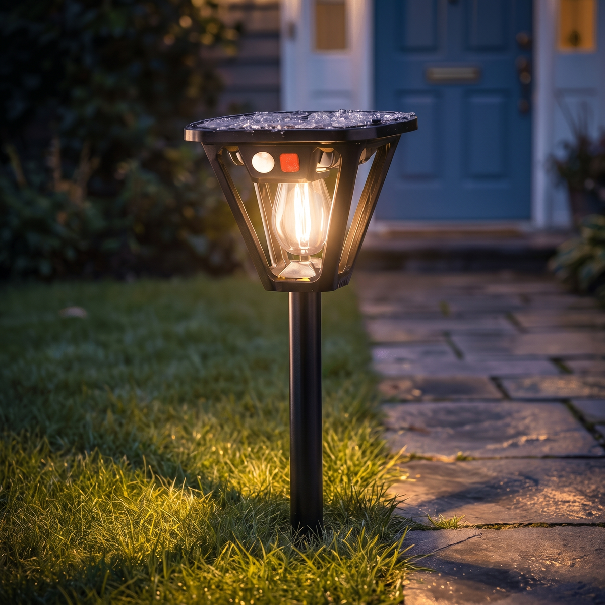 Solar post light beside a front path leading to a blue door