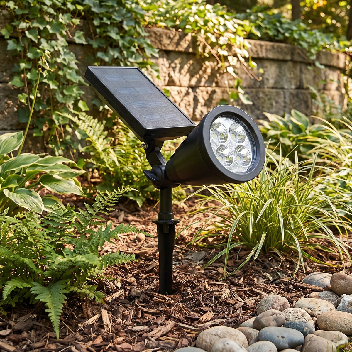 Solar spotlight on its stake in a shaded garden bed