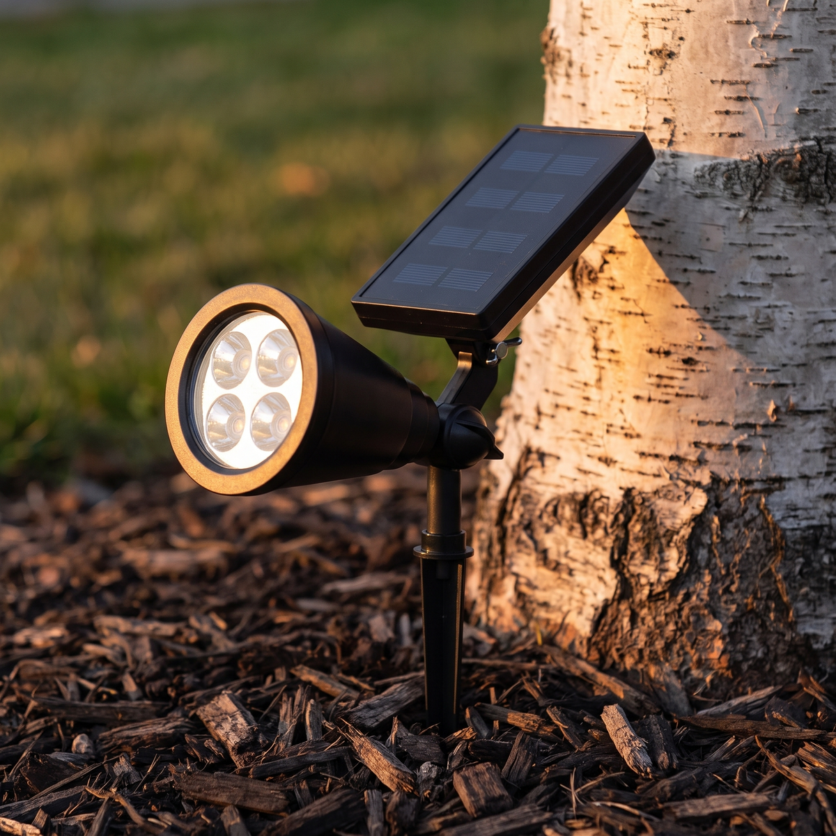 Solar spotlight aimed at a birch trunk in mulch