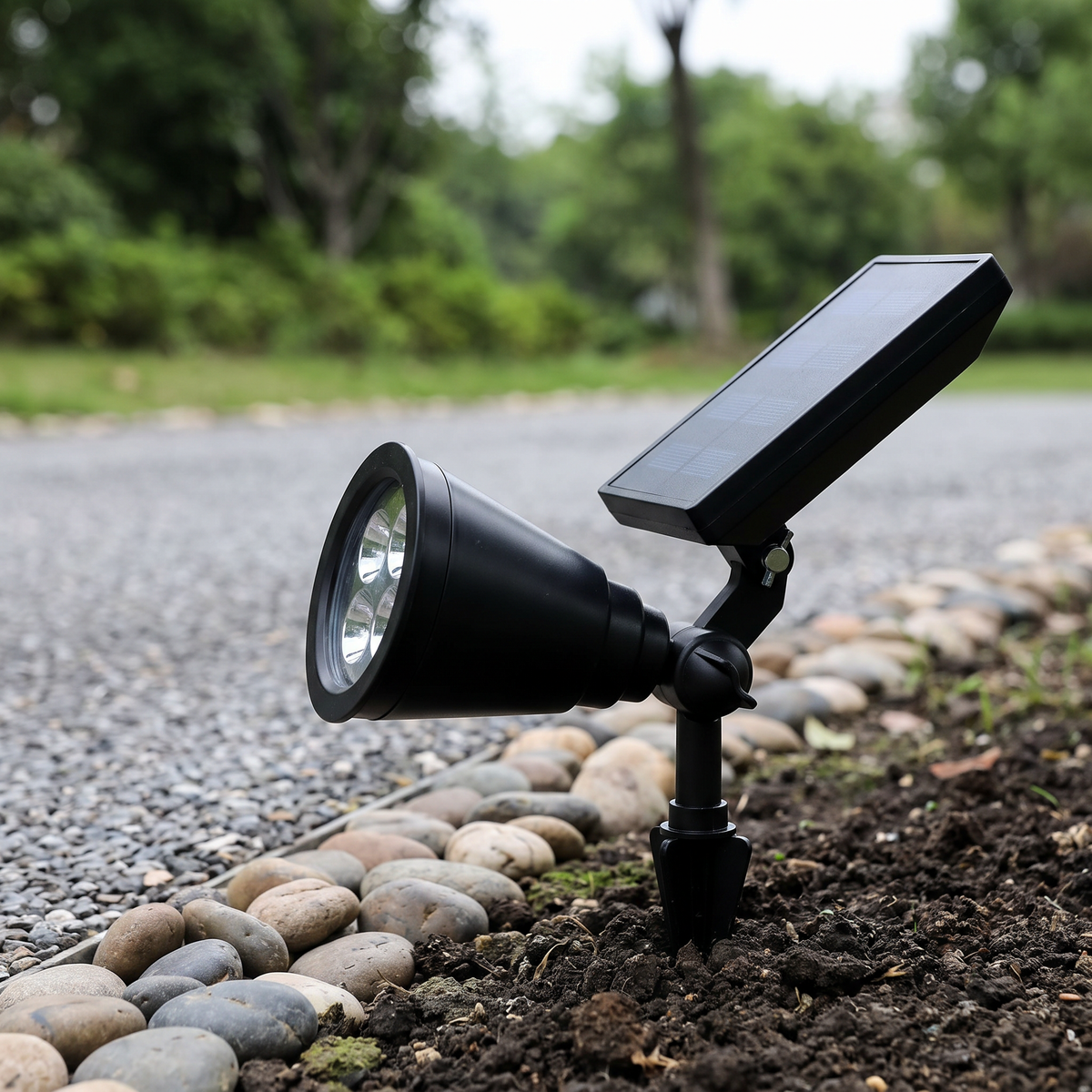 Solar spotlight beside a gravel driveway lined with pebbles