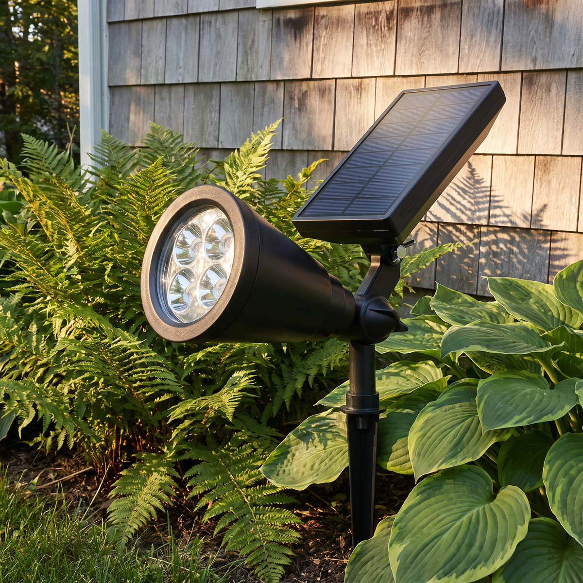 Solar spotlight in a front garden bed of ferns and hostas