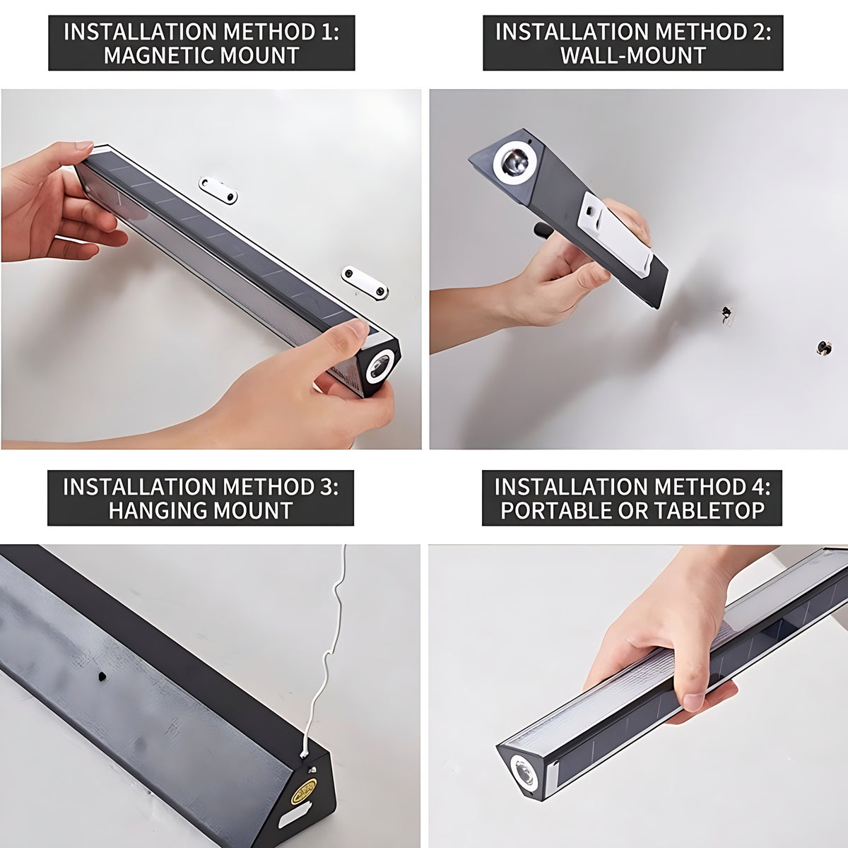 Four ways to mount the light: magnet, wall plate, hanging cord or portable