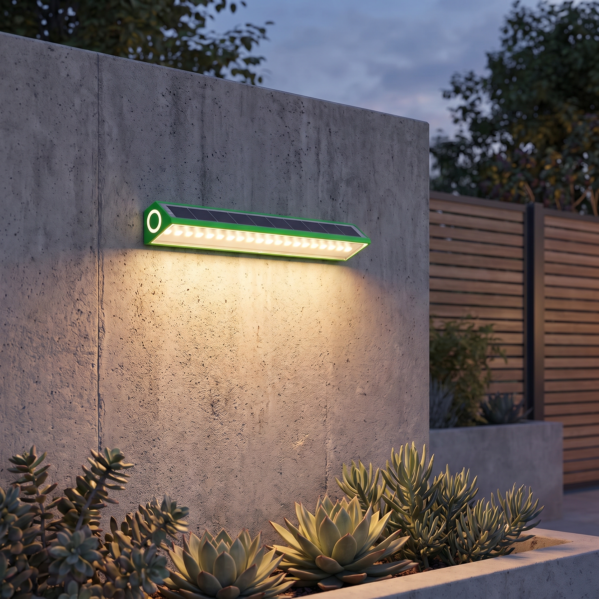 Solar wall light bar in Green on a concrete garden wall at dusk