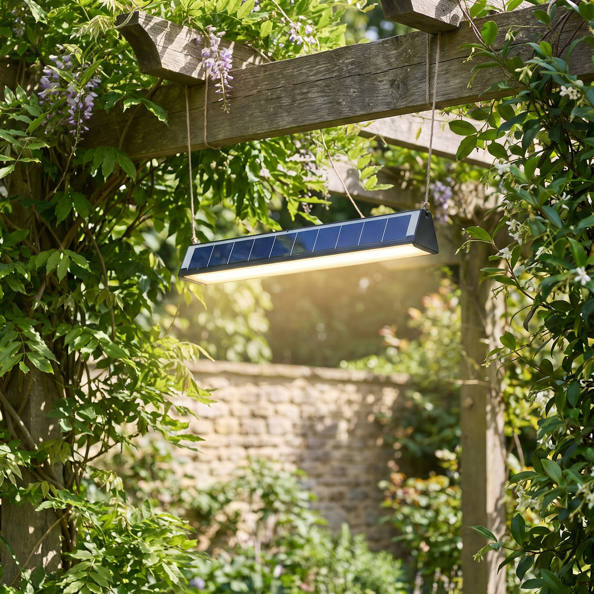 Solar wall light bar hung from cords under a garden pergola
