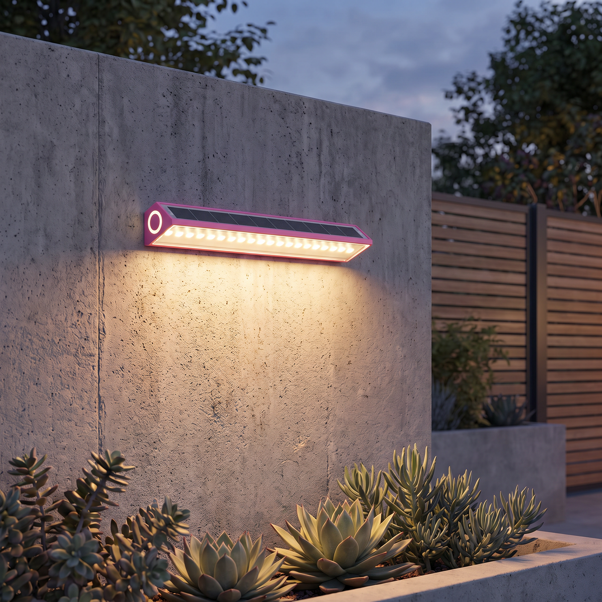 Solar wall light bar in Pink on a concrete garden wall at dusk