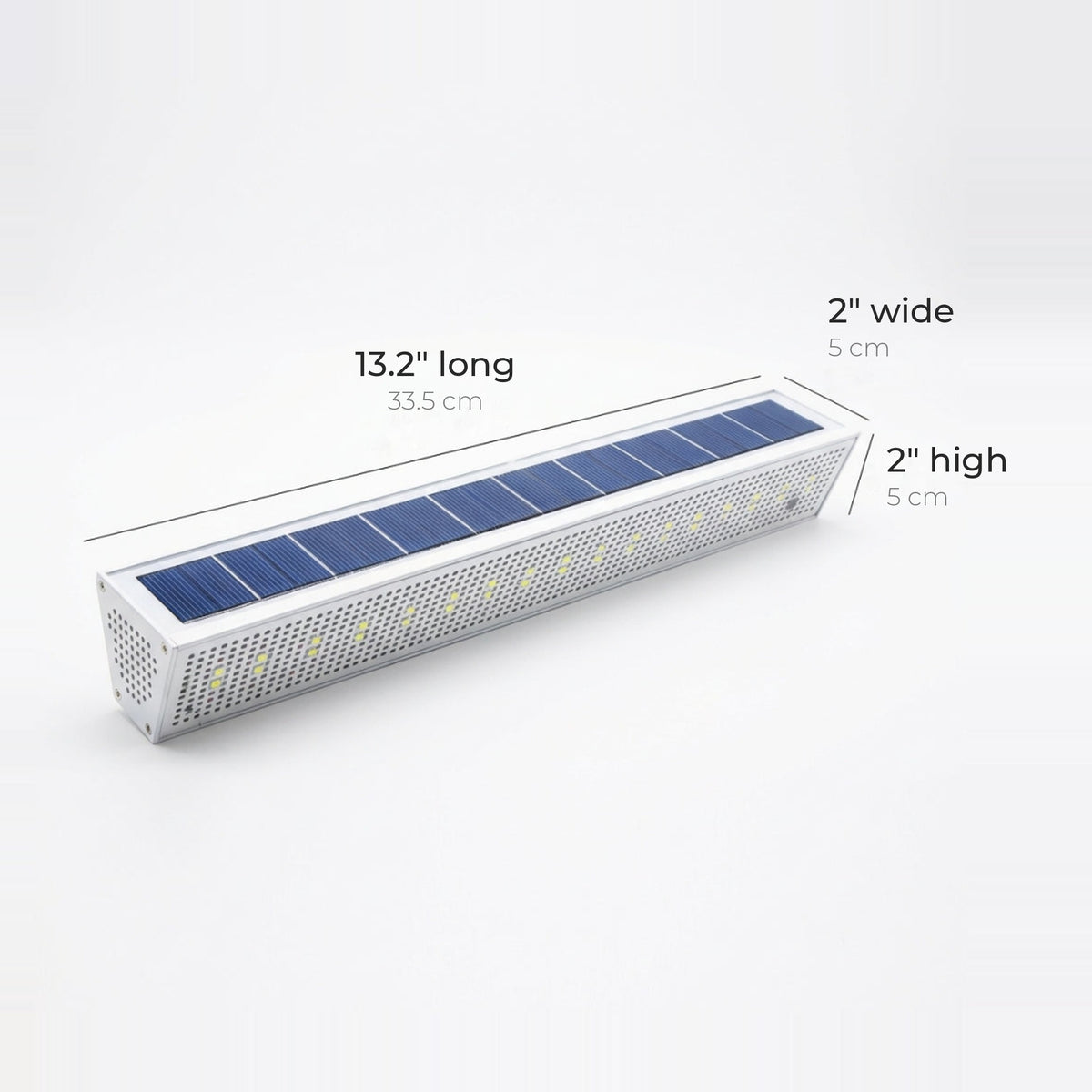 Solar wall light bar sizes: 13.2 inches (33.5 cm) long, 2 inches (5 cm) wide and 2 inches (5 cm) high