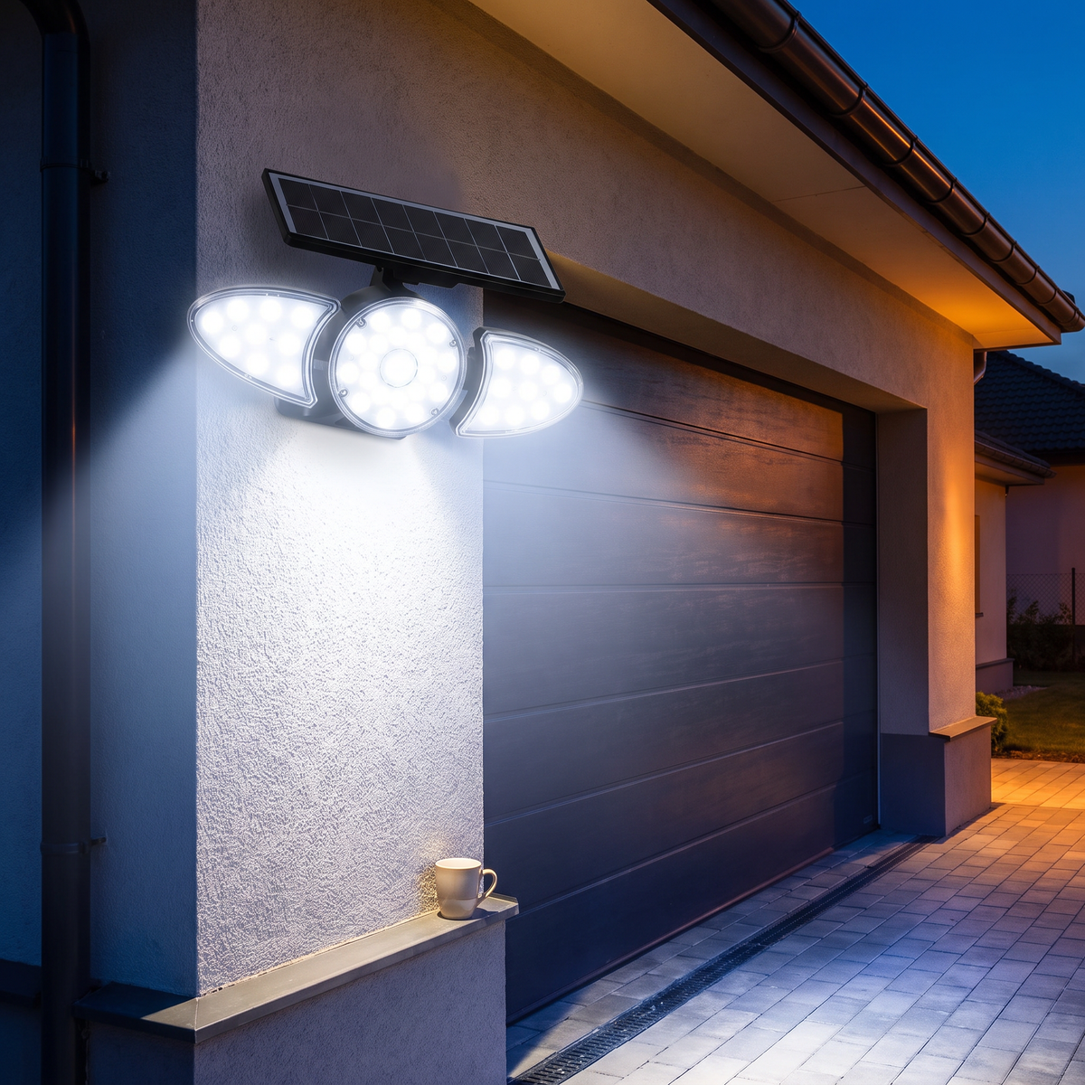 Solar wall light, Three Head, lighting a garage door at night