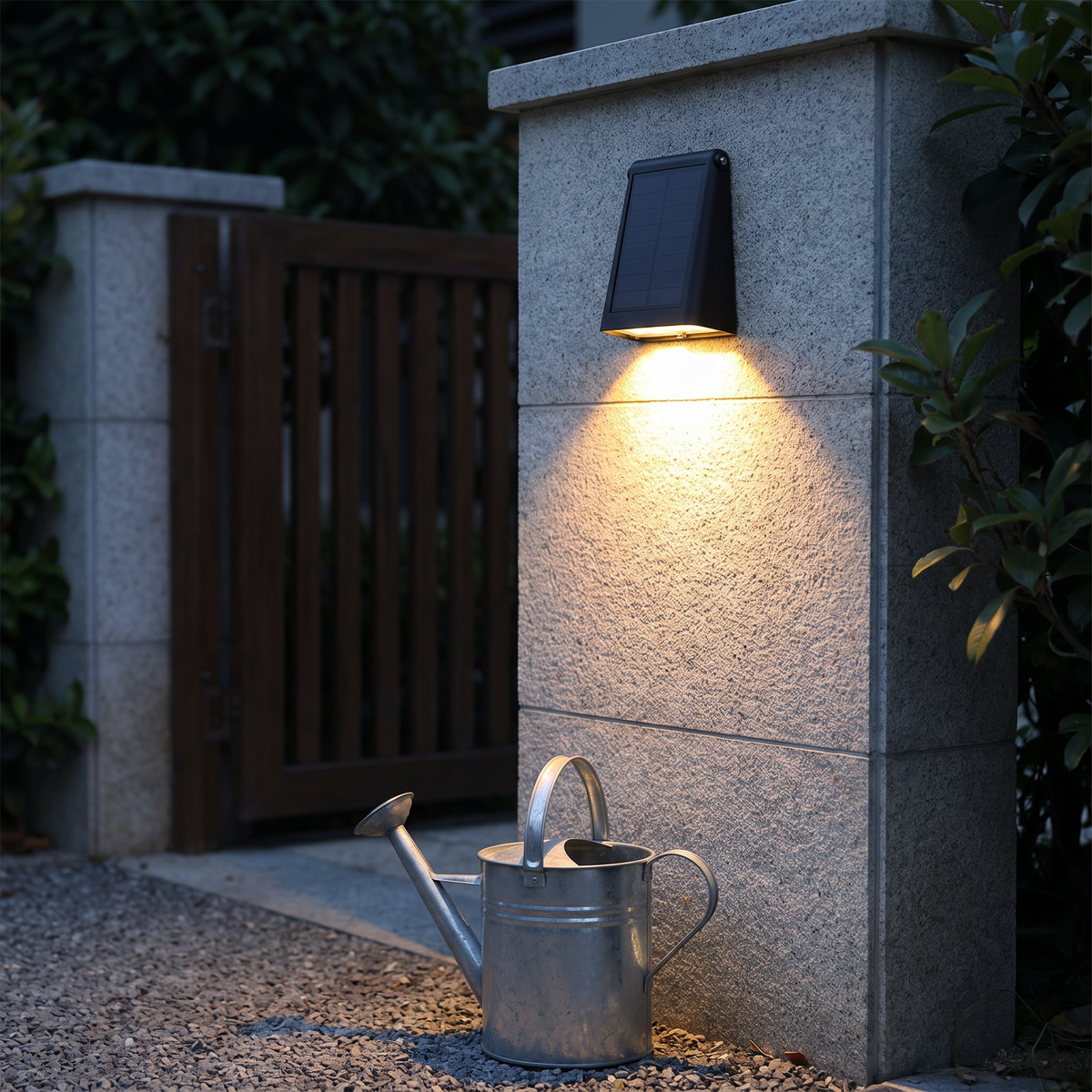 Solar wall light, Small Wedge, on a gate pillar at night