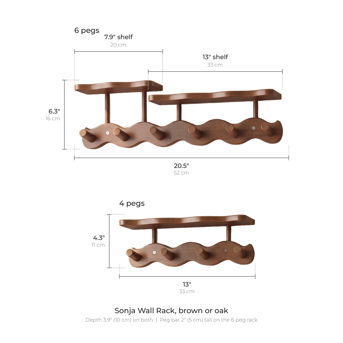 Sonja wall rack dimensions: 4 pegs 13 by 4.3 inches, 6 pegs 20.5 by 6.3 inches, 3.9 inches deep