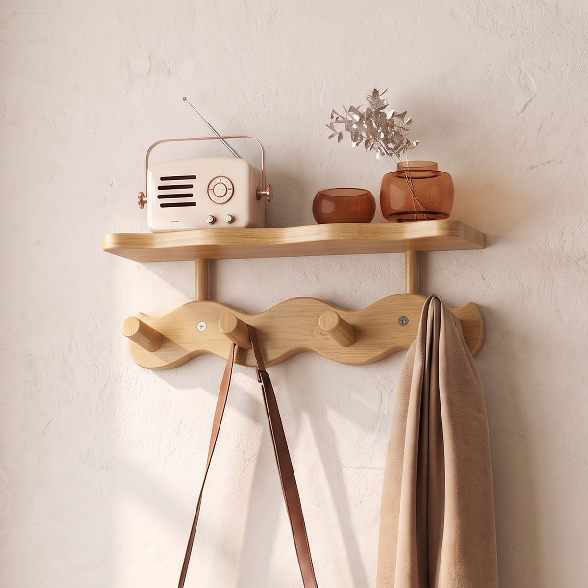 Sonja wall rack in oak with four pegs and one shelf