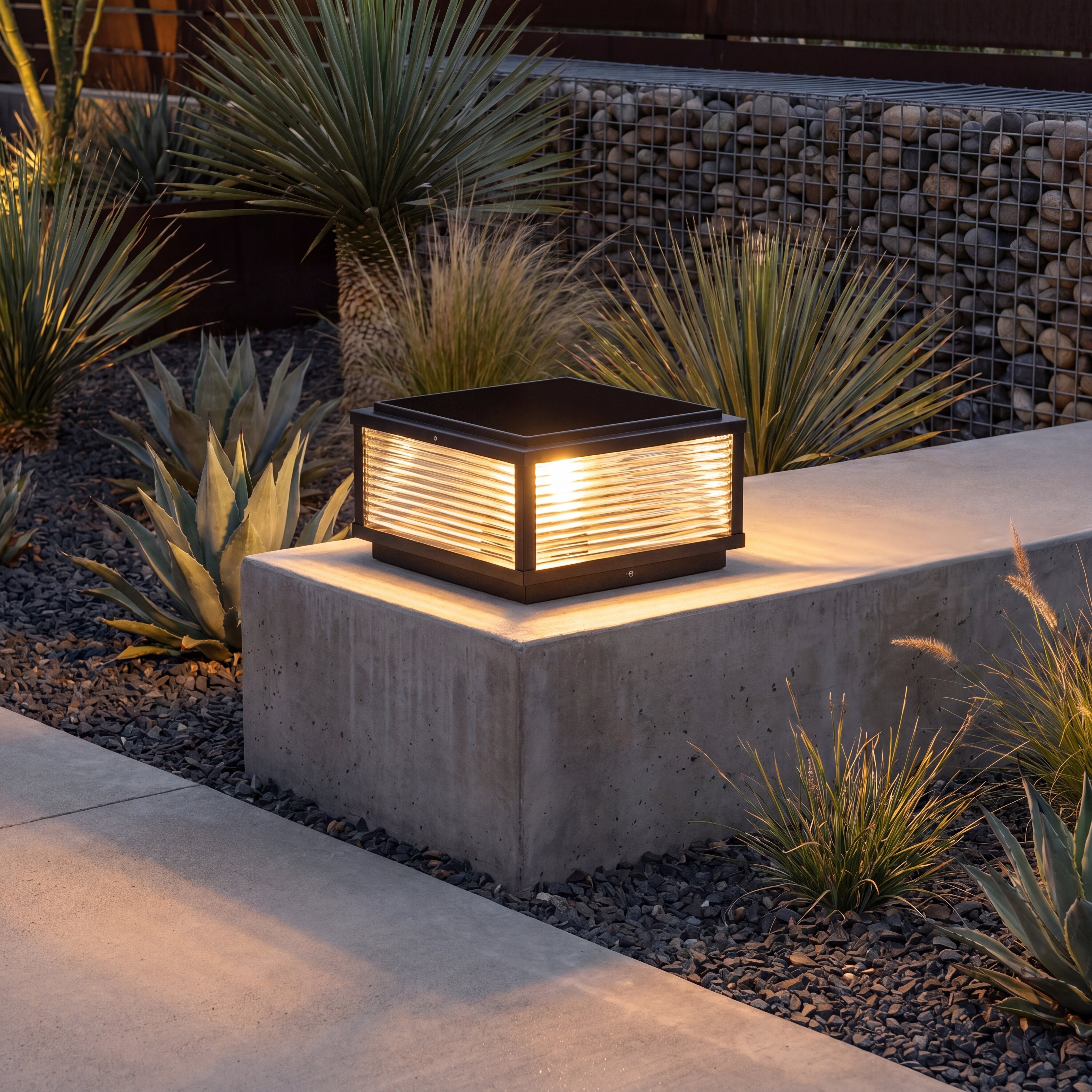 Square Pillar Light, Ribbed Glass, Aluminum Body for Outdoor