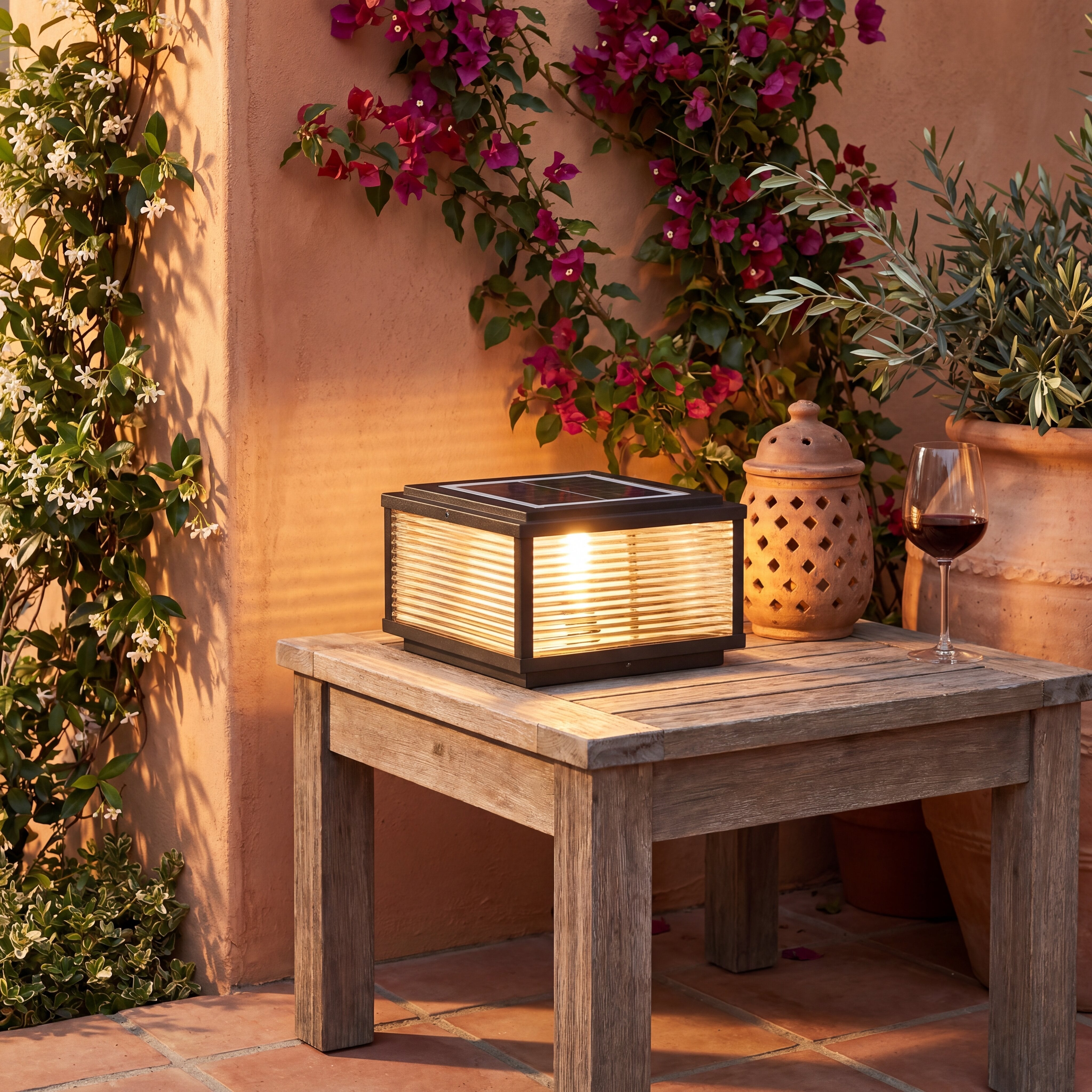 Square Pillar Light, Ribbed Glass, Aluminum Body for Outdoor
