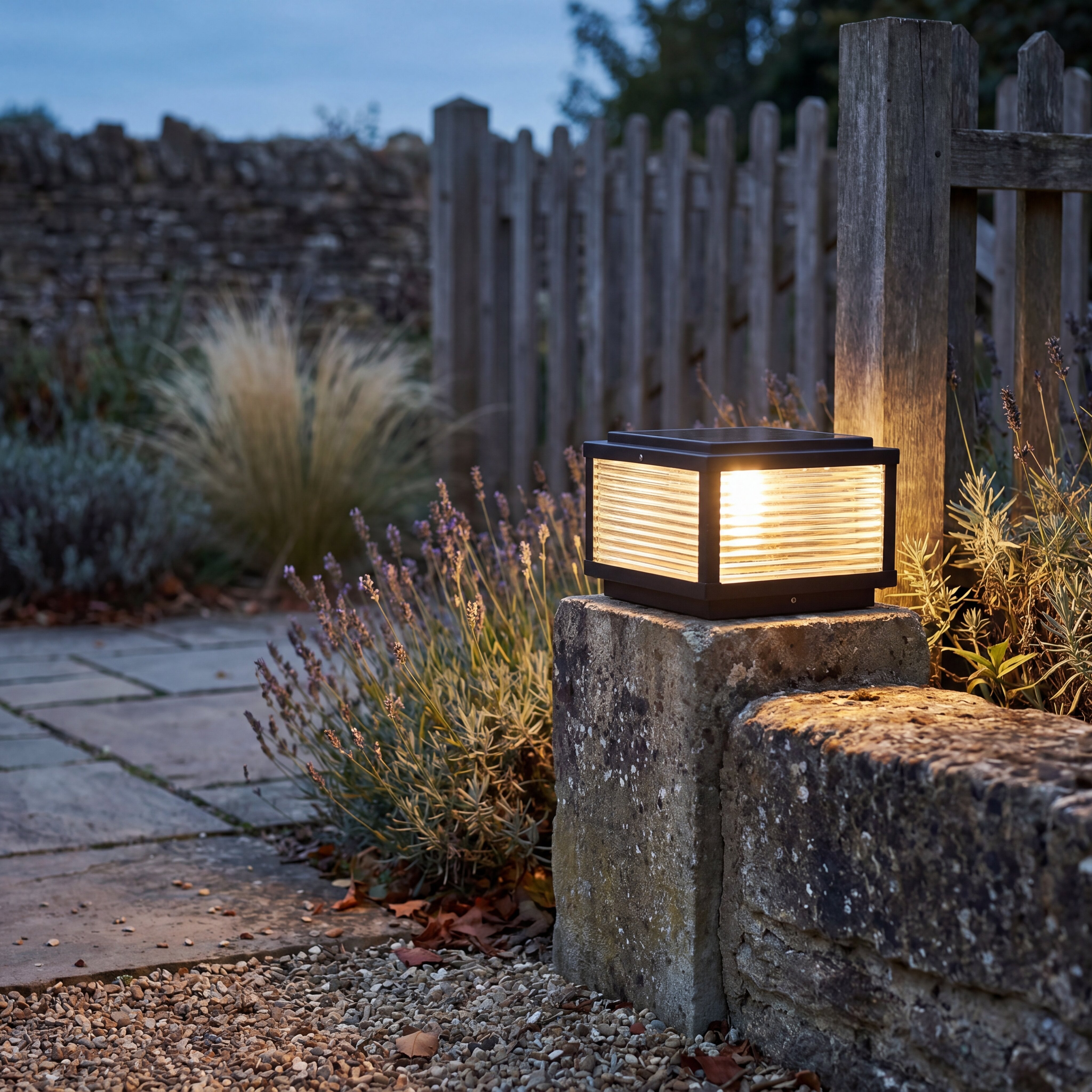 Square Pillar Light, Ribbed Glass, Aluminum Body for Outdoor