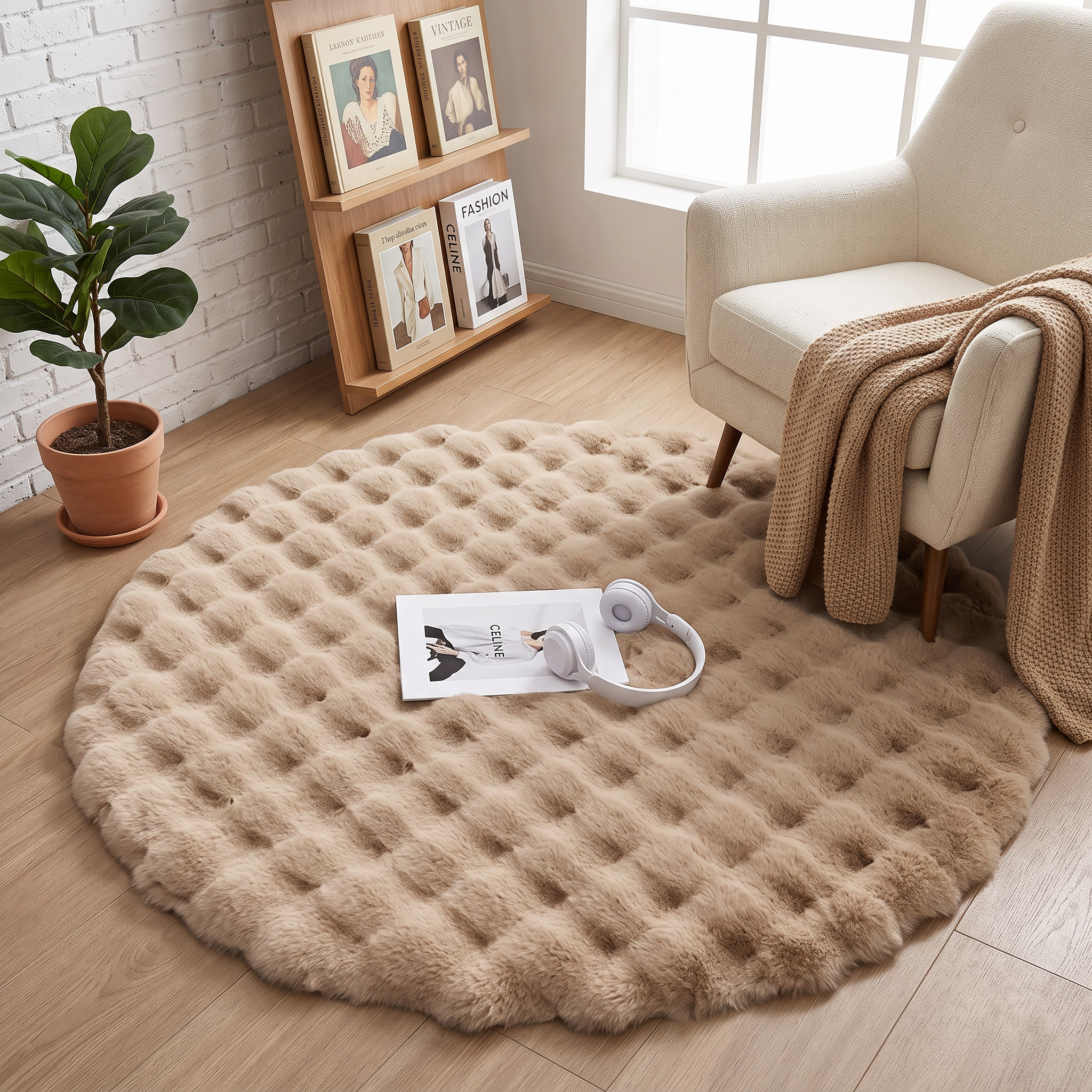 Scandinavian Round Faux Fur Rug, 47 in Diameter