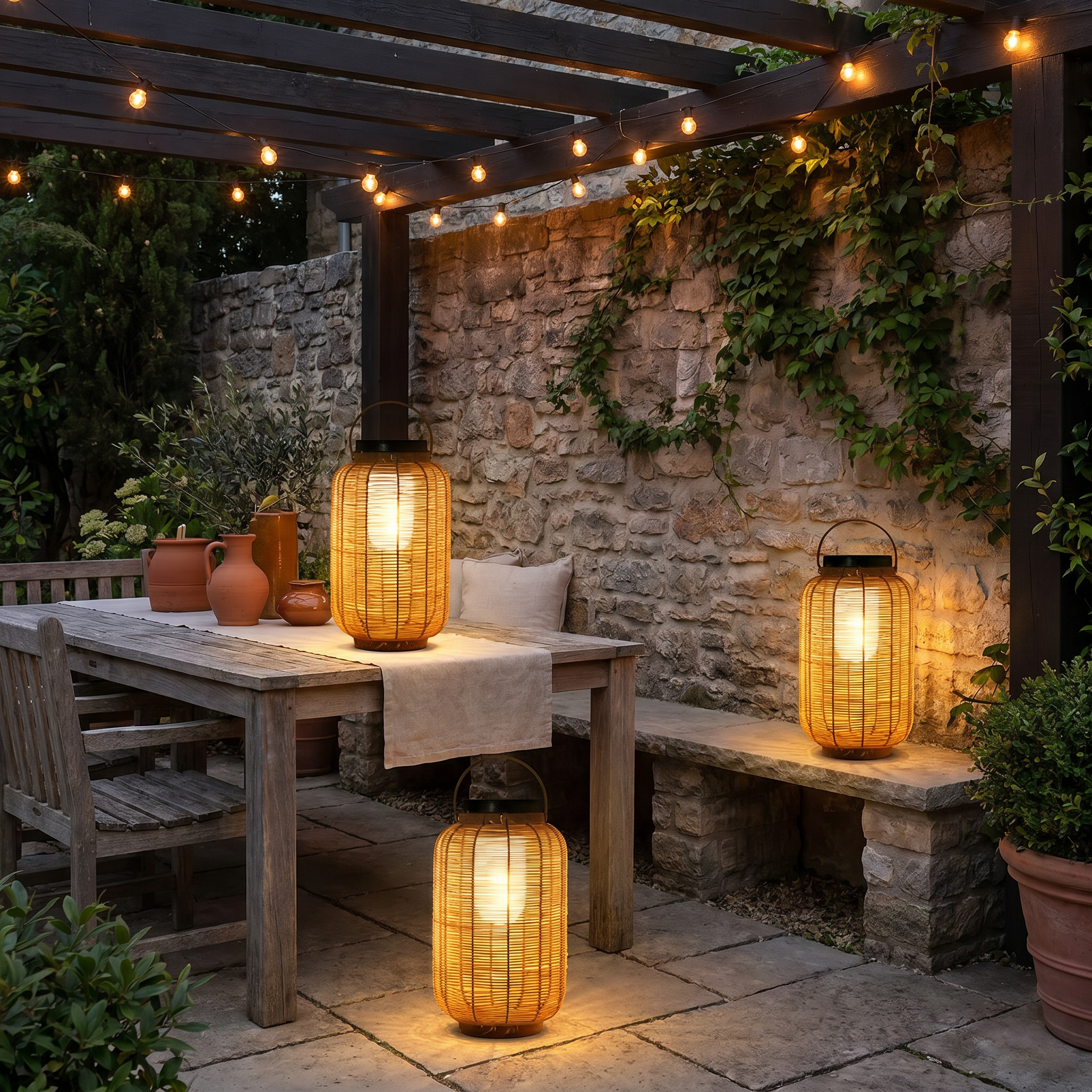 Solar Rattan Lantern, Hand-Woven and Iron, IP54, Warm White, Two Sizes