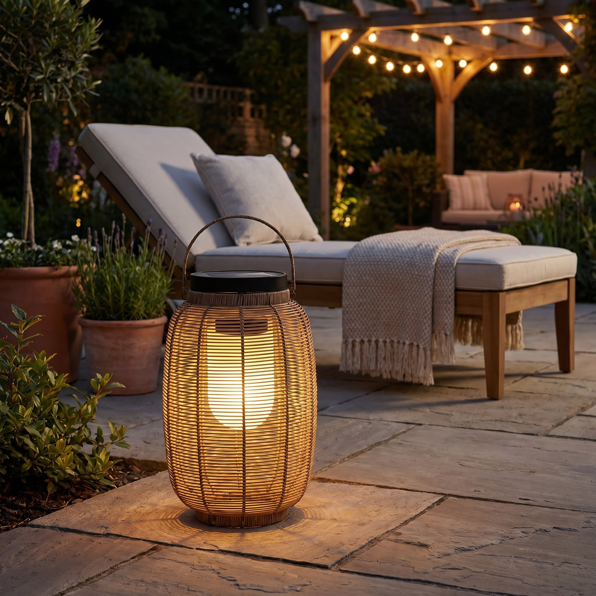 Solar Rattan Lantern, Hand-Woven and Iron, IP54, Warm White, Two Sizes