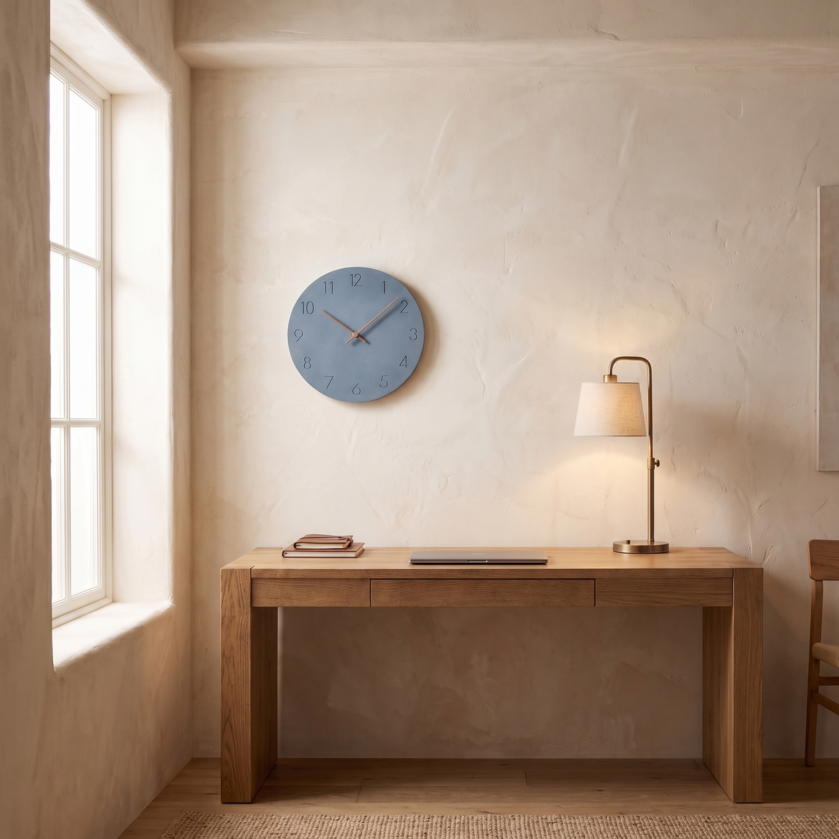 Slate blue wall clock above a wooden desk with a brass lamp