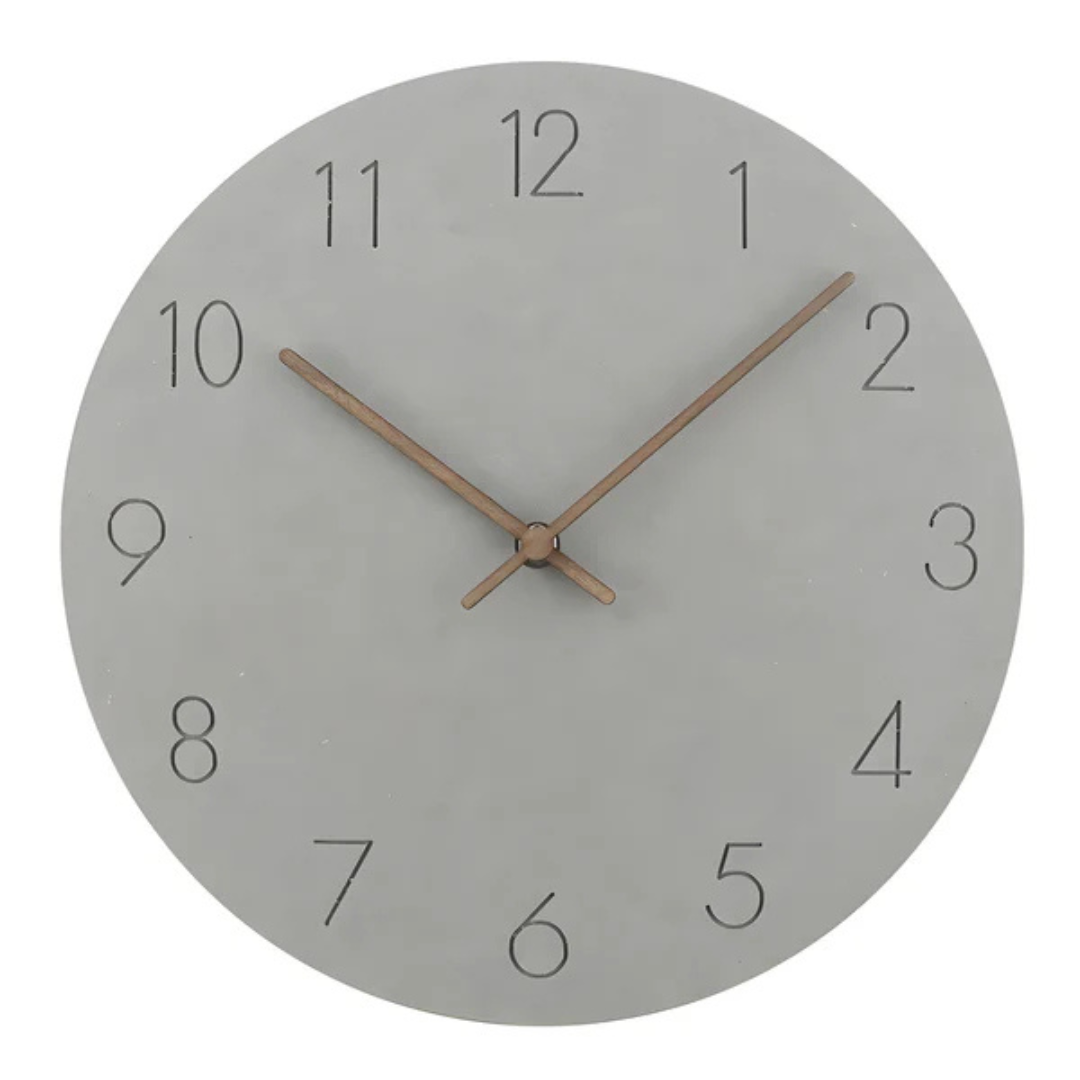 Gray dial wall clock with black numerals and wooden hands on a white background